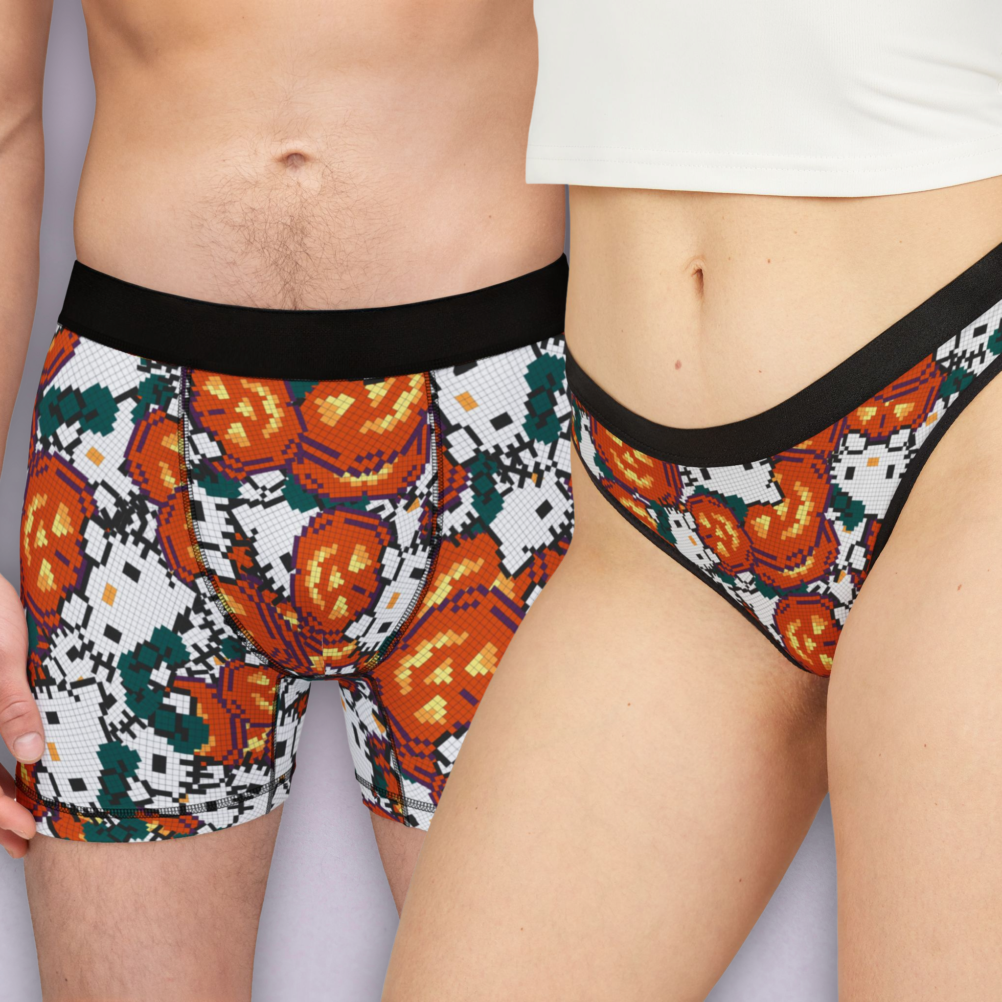 Couples matching  kitty pumpkin halloween pixel underwear set boxer and thong