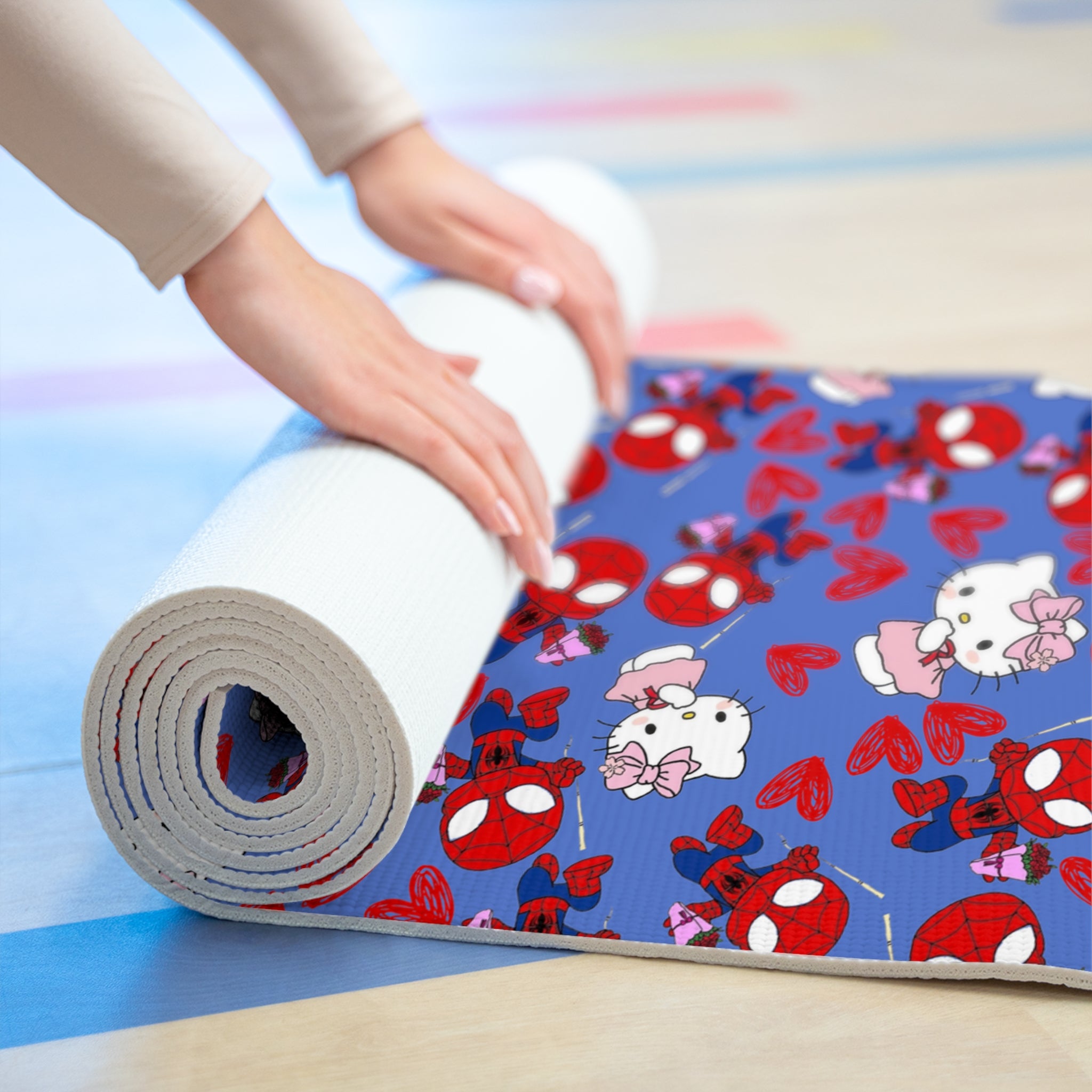 Foam yoga mat spider kitty flower cyan