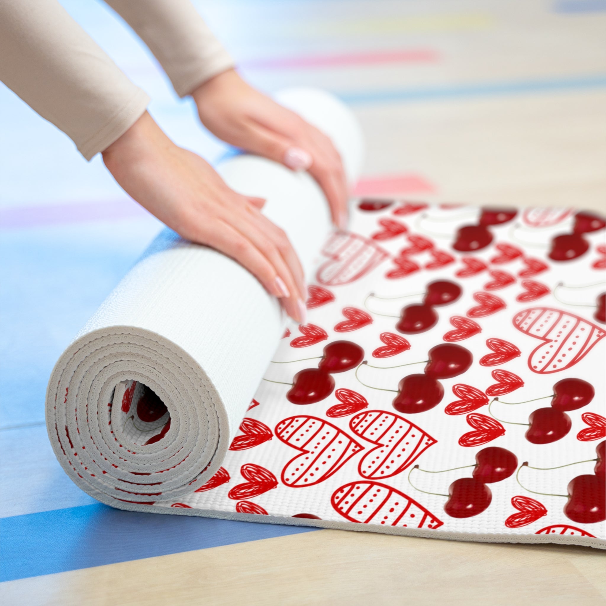 Foam yoga mat cherry and   sweet hearts white