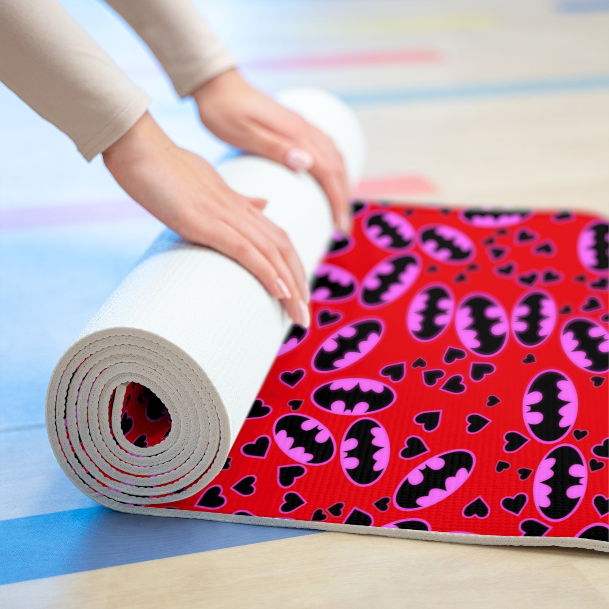 Foam yoga mat batman hearts valentine love red