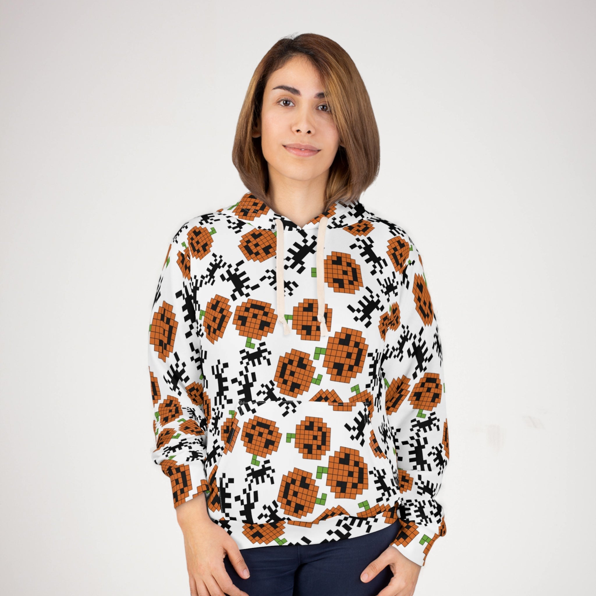 Unisex pullover hoodie pumpkin spider pixel halloween white