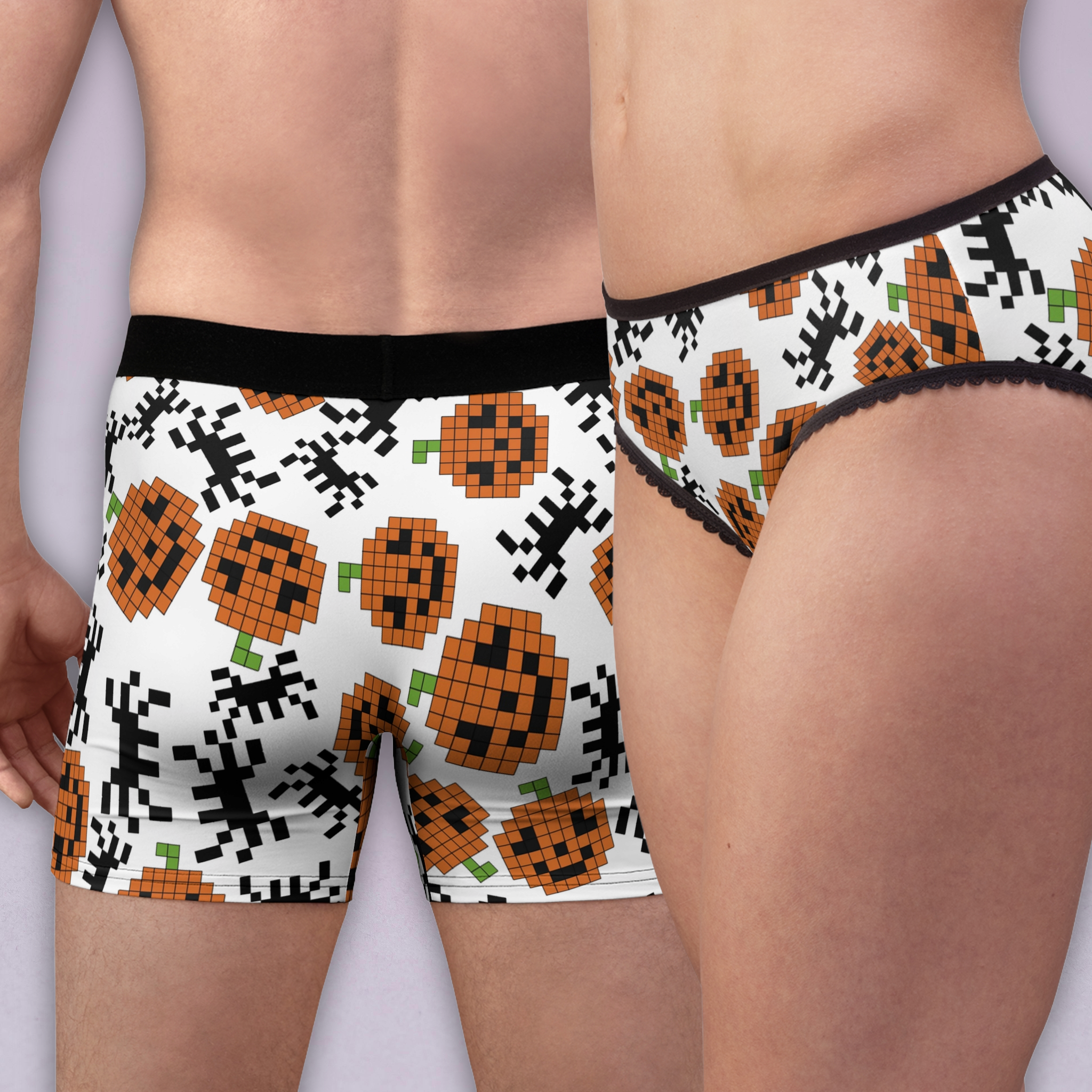 Couples matching pumpkin spider pixel halloween underwear set boxer & briefs