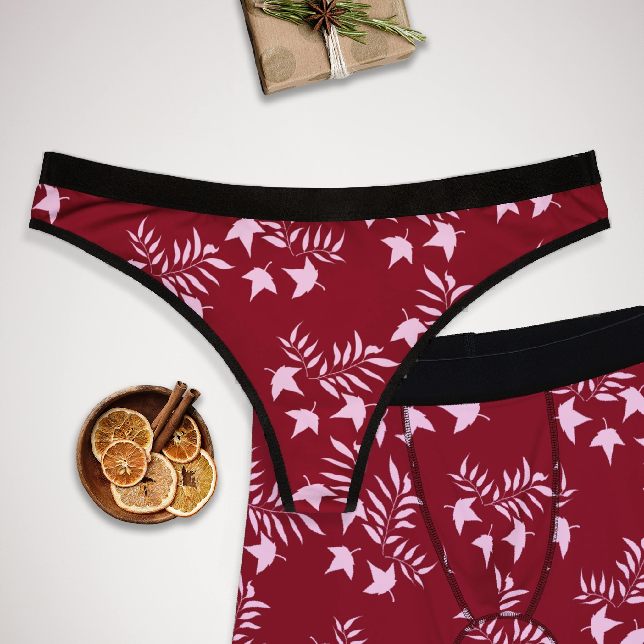 Matching underwear Autumn Leaves for couples boxer & thong set