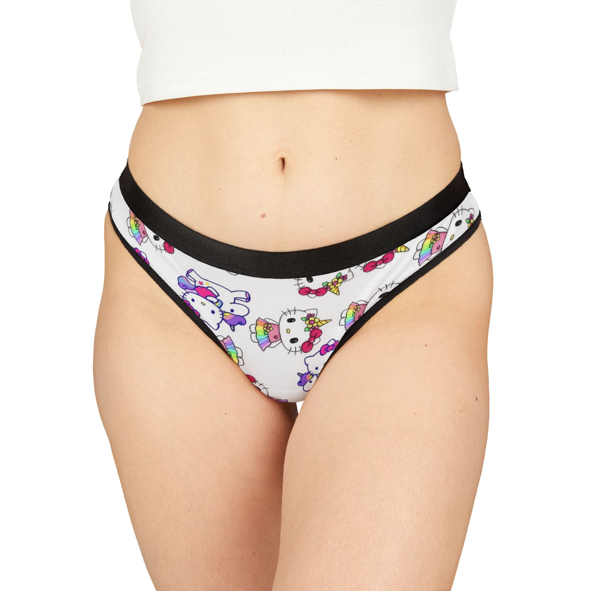 Women's thongs kitty unicorn rainbow valentine love white