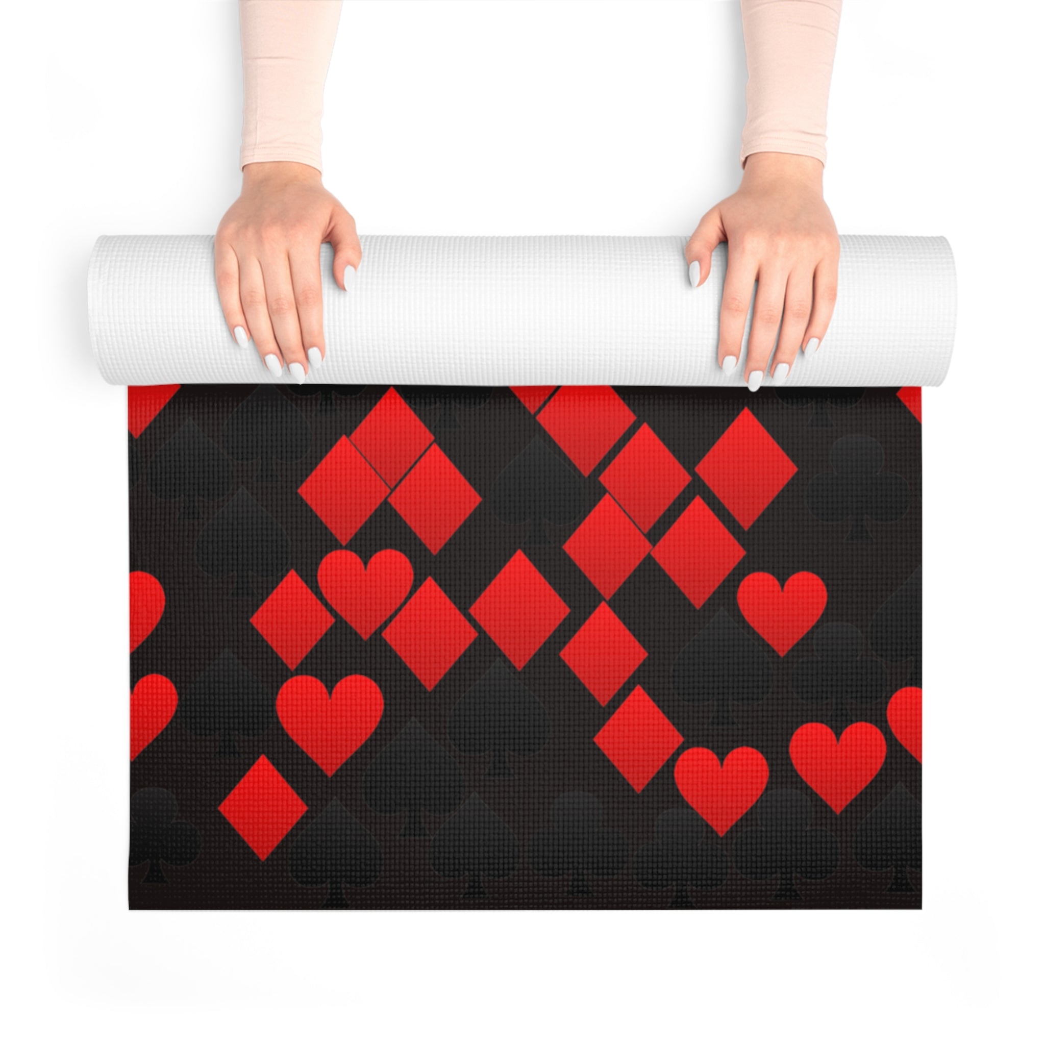 Foam yoga mat playing cards spades hearts diamonds clubs valentine love black