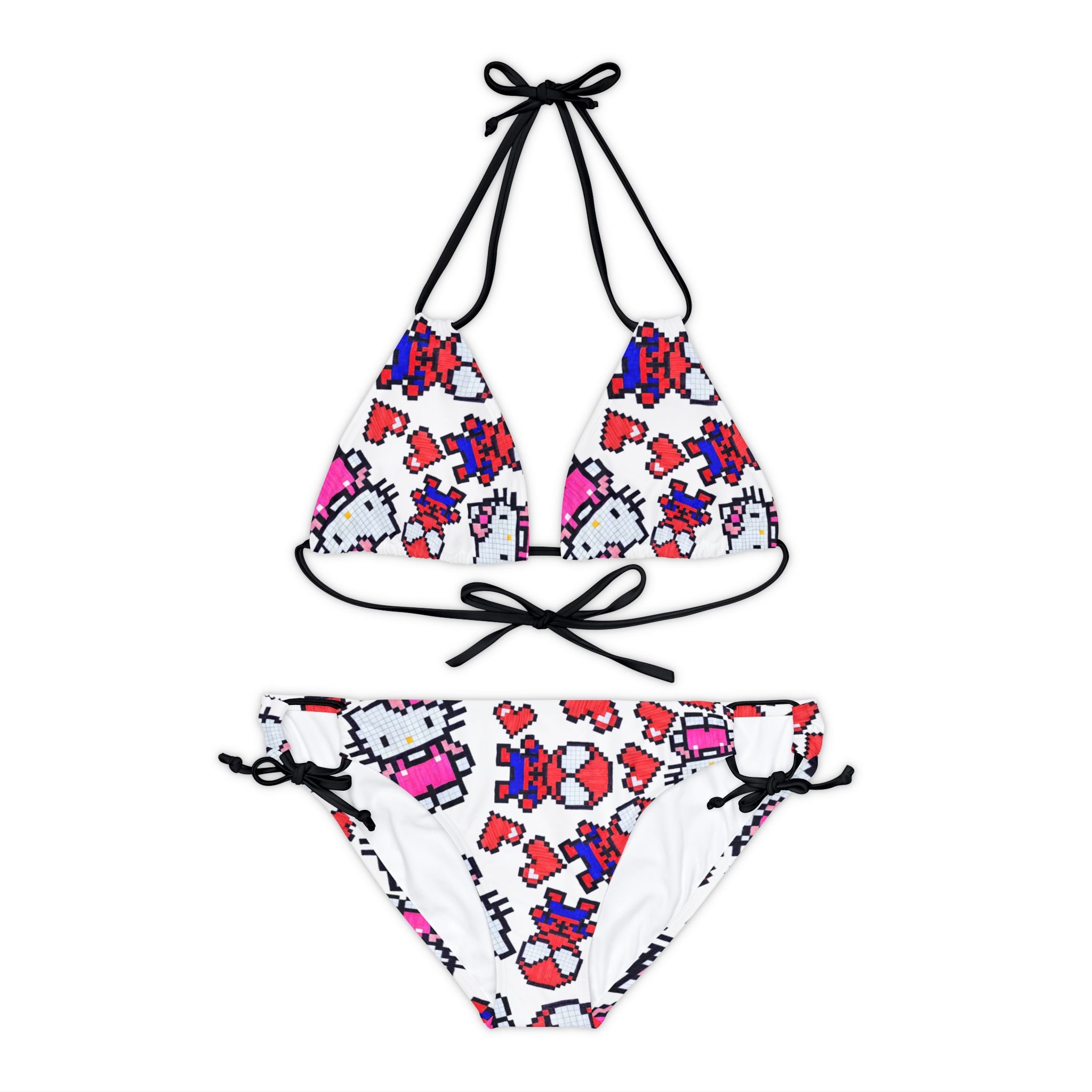 Strappy bikini set spider kitty pixel heart character love valentine white