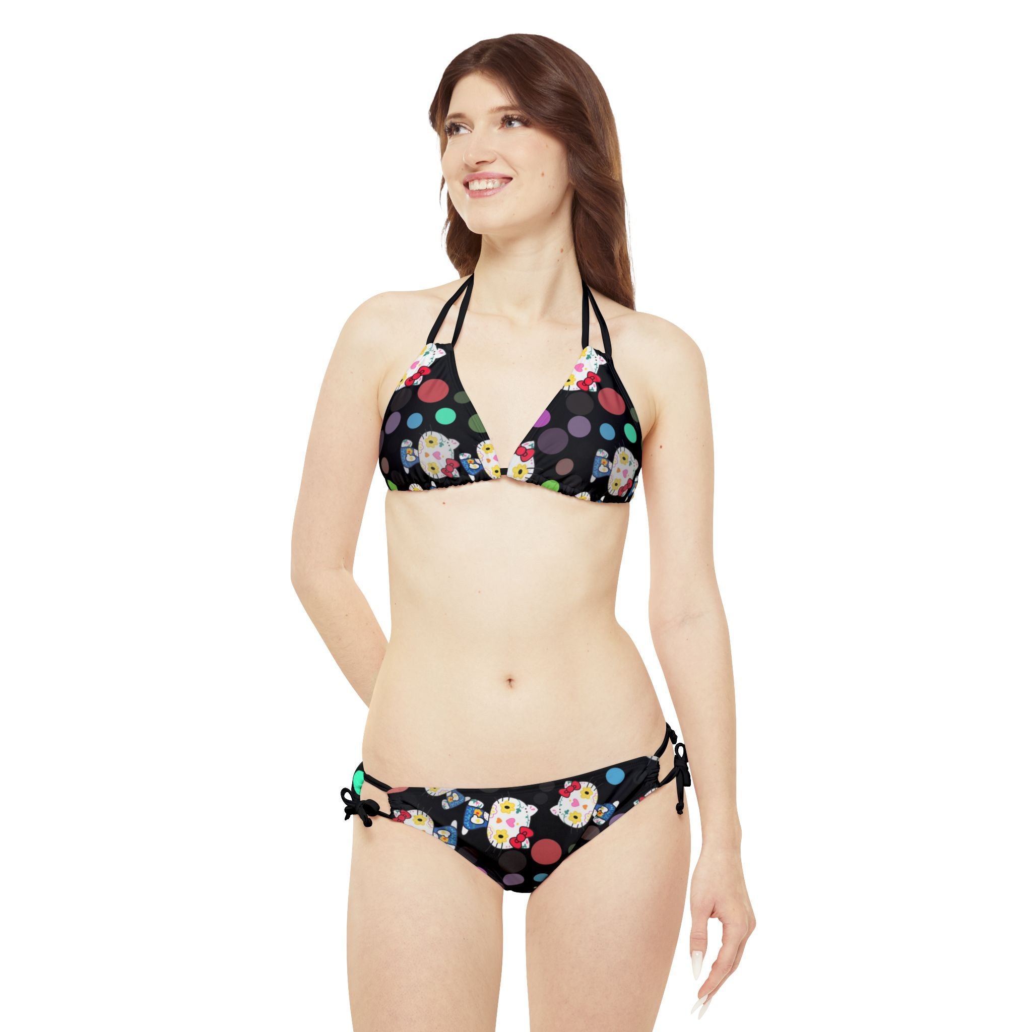 Strappy bikini set kitty flower polka dots black