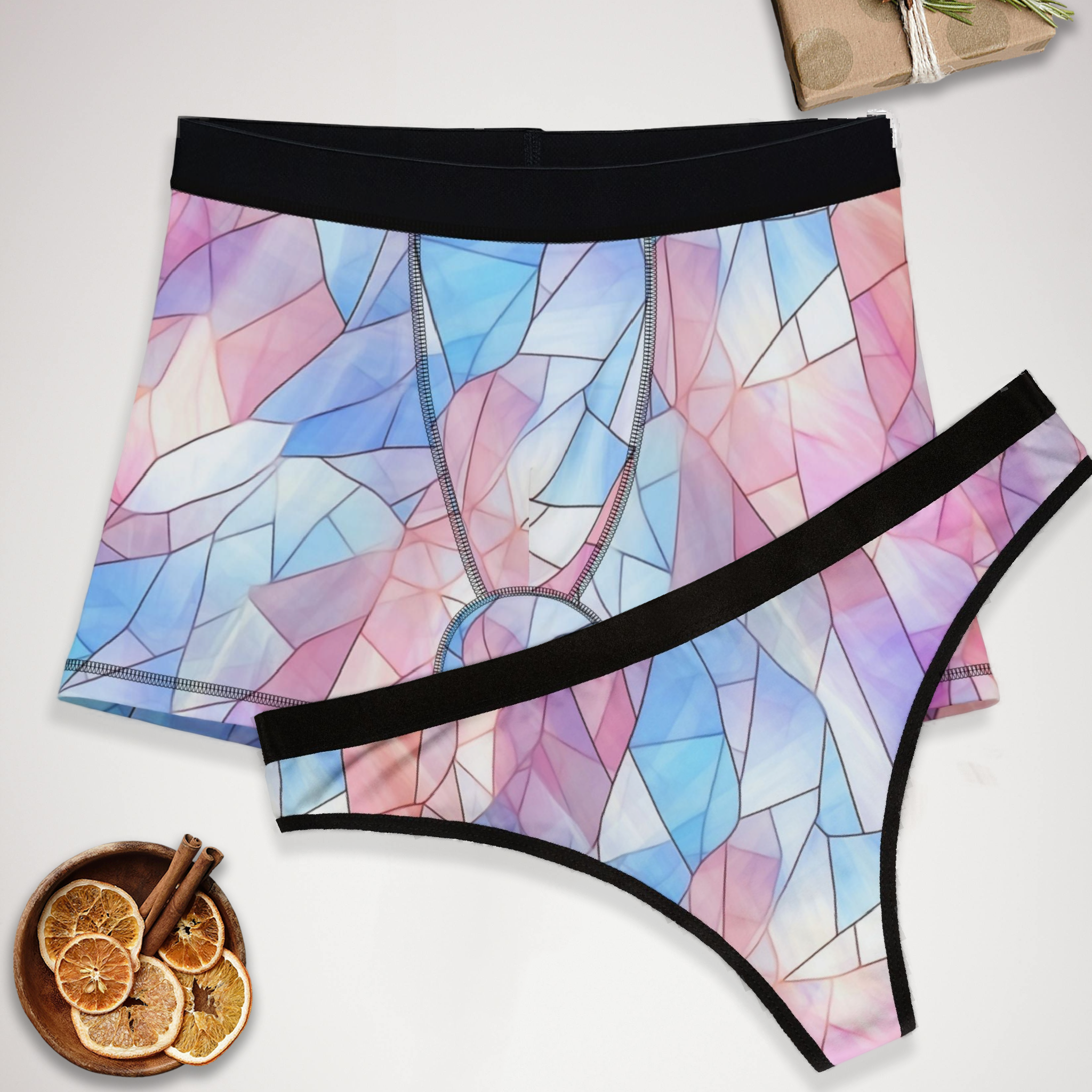Matching underwear Pastel Stained Glass for couples boxer & thong set
