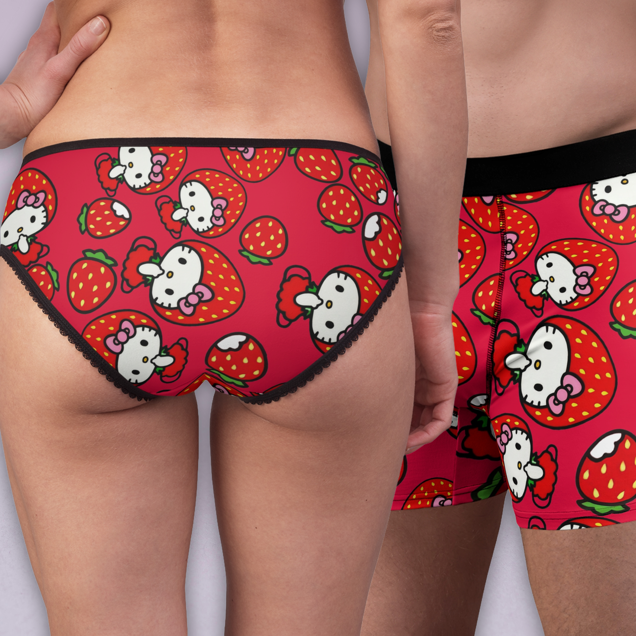 Couples matching kitty strawberry valentine underwear set boxer & briefs