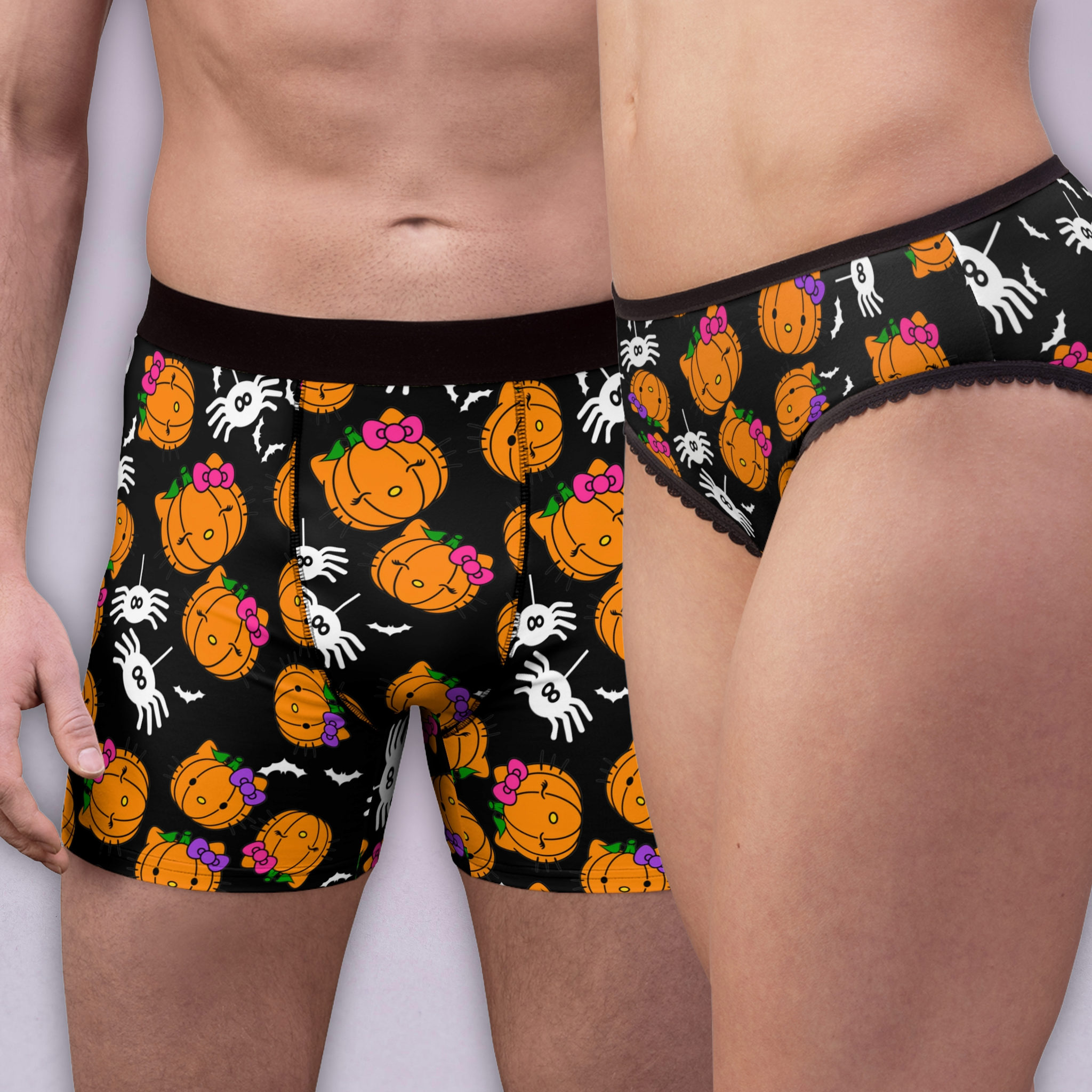 Couples matching double pumpkin kitty Halloween underwear set boxer & briefs