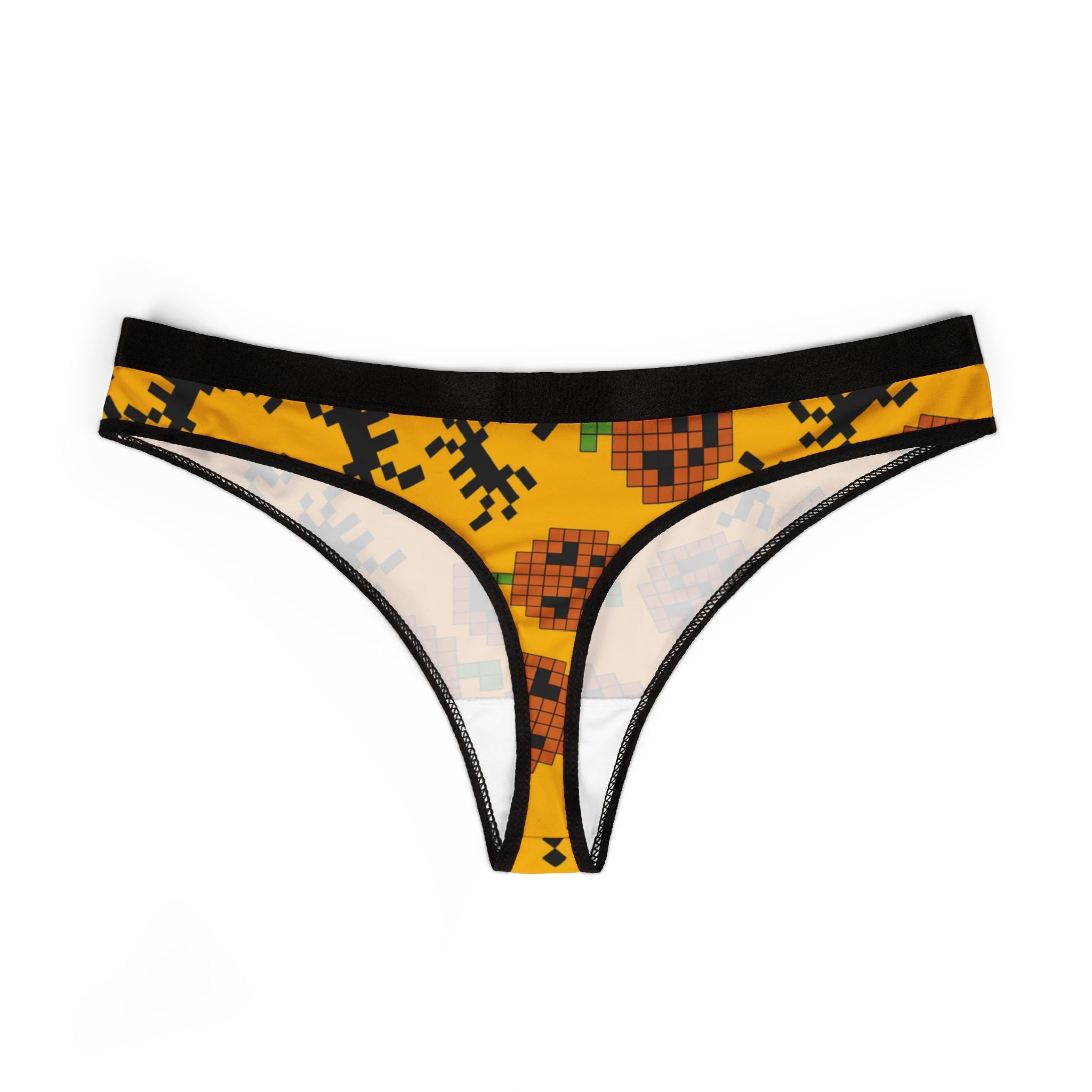 Women's thongs pumpkin spider pixel halloween yellow