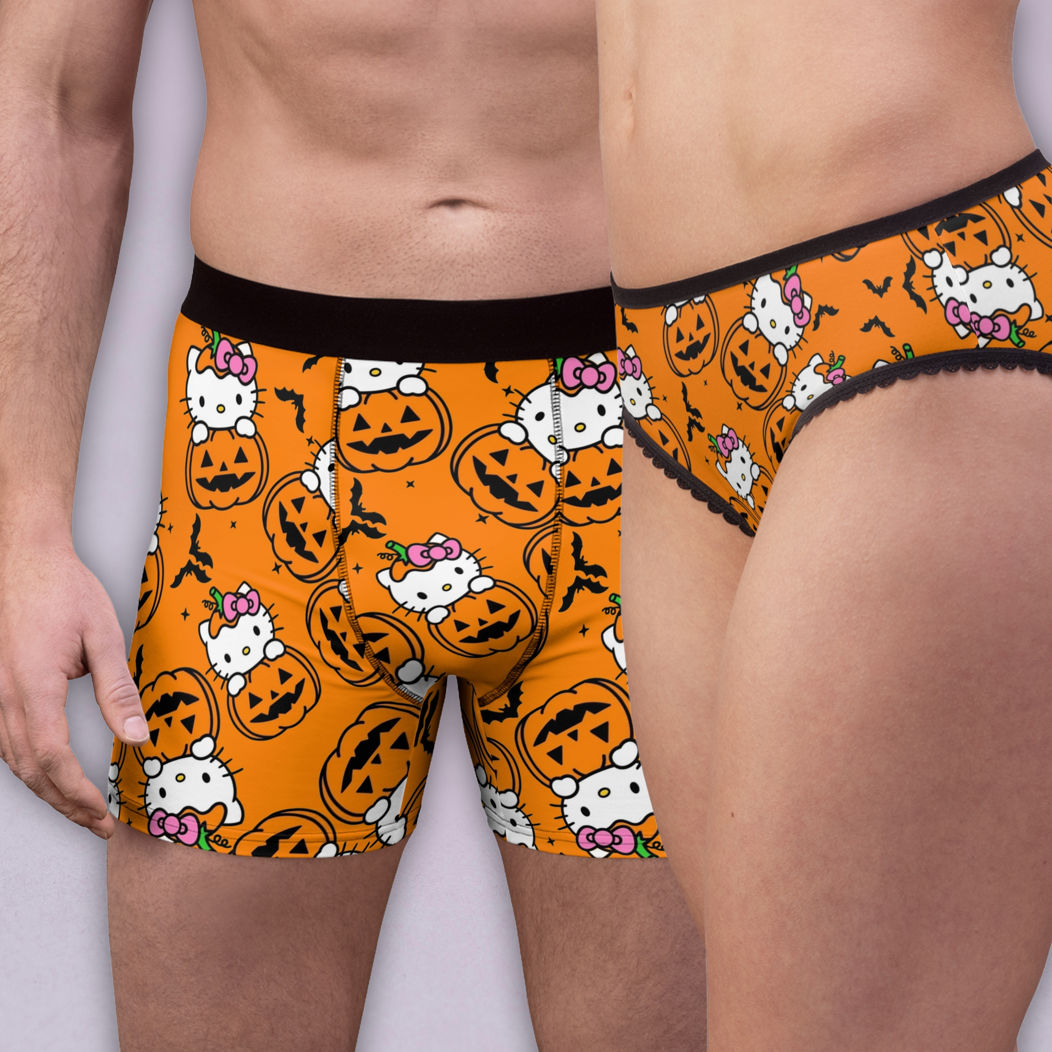 Couples matching kitty hold pumpkin Halloween underwear set boxer & briefs