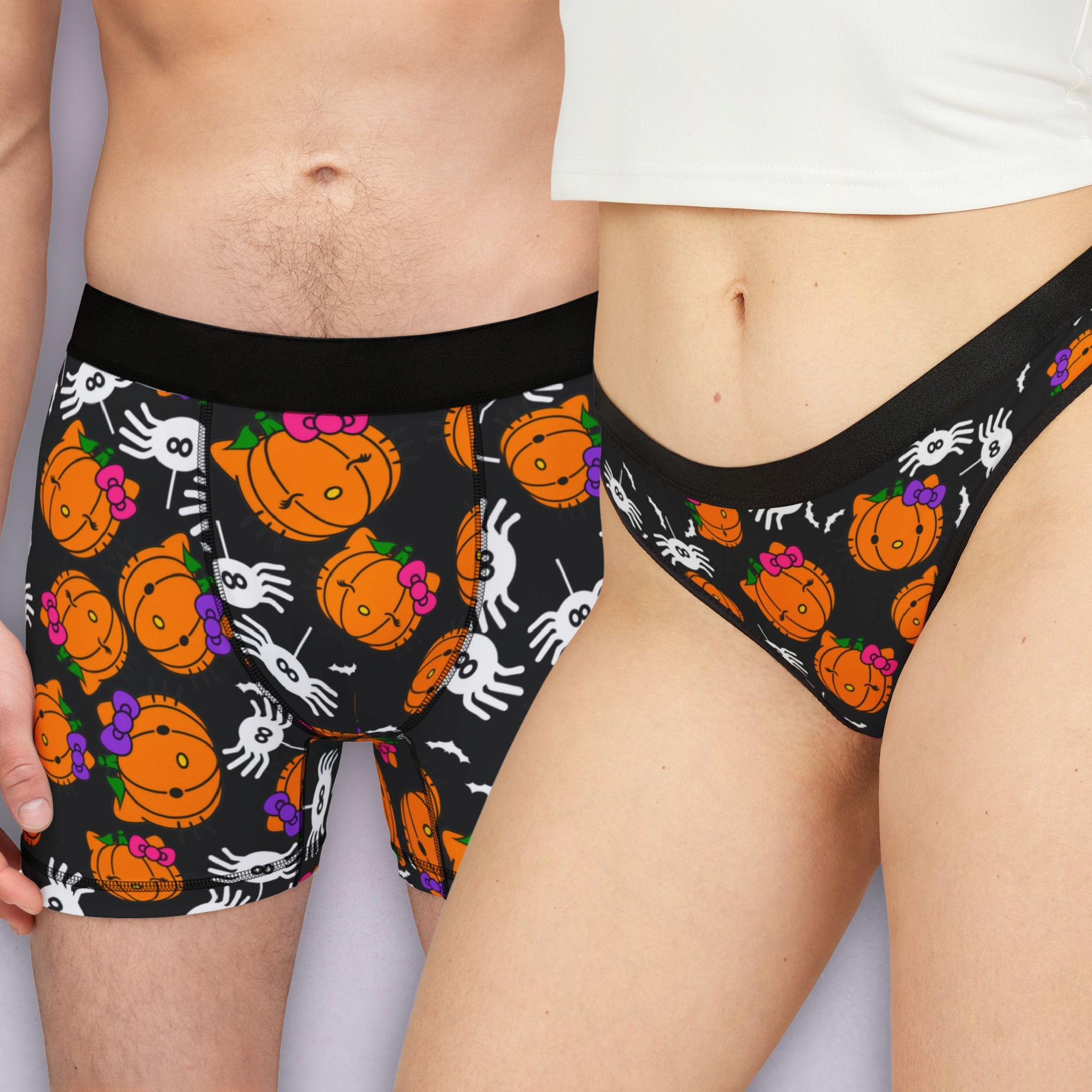 Couples matching  double pumpkin kitty halloween underwear set boxer and thong