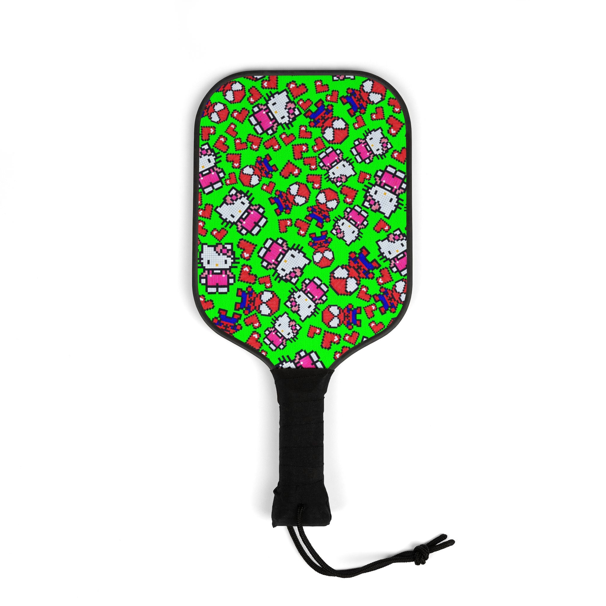 Pickleball kit (2 paddles + 2 balls + transparent bag) spider kitty pixel heart character love valentine green