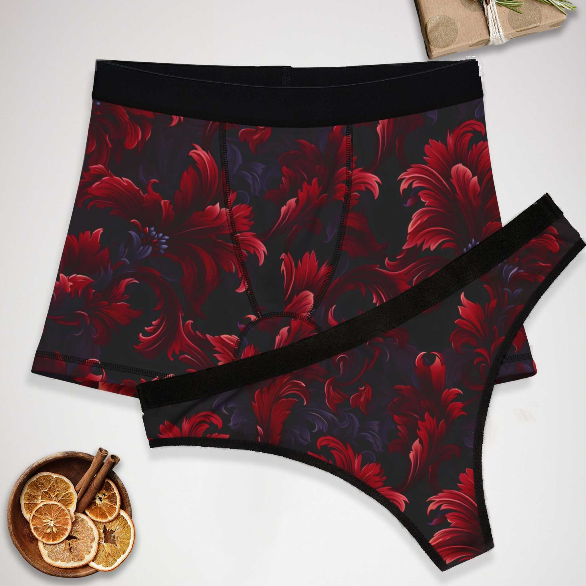 Matching underwear Red Damask for couples boxer & thong set