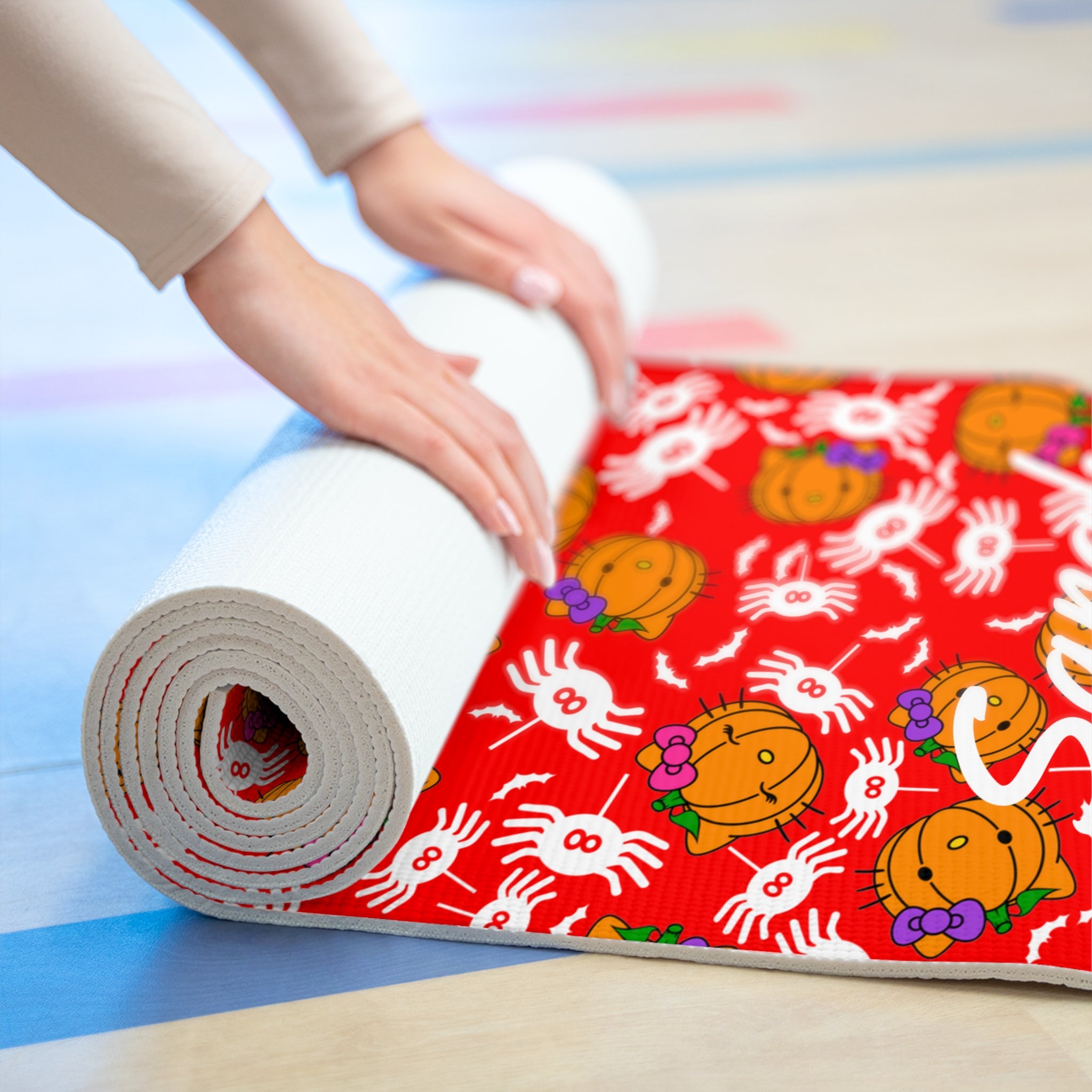 Custom name foam yoga mat double pumpkin kitty halloween red