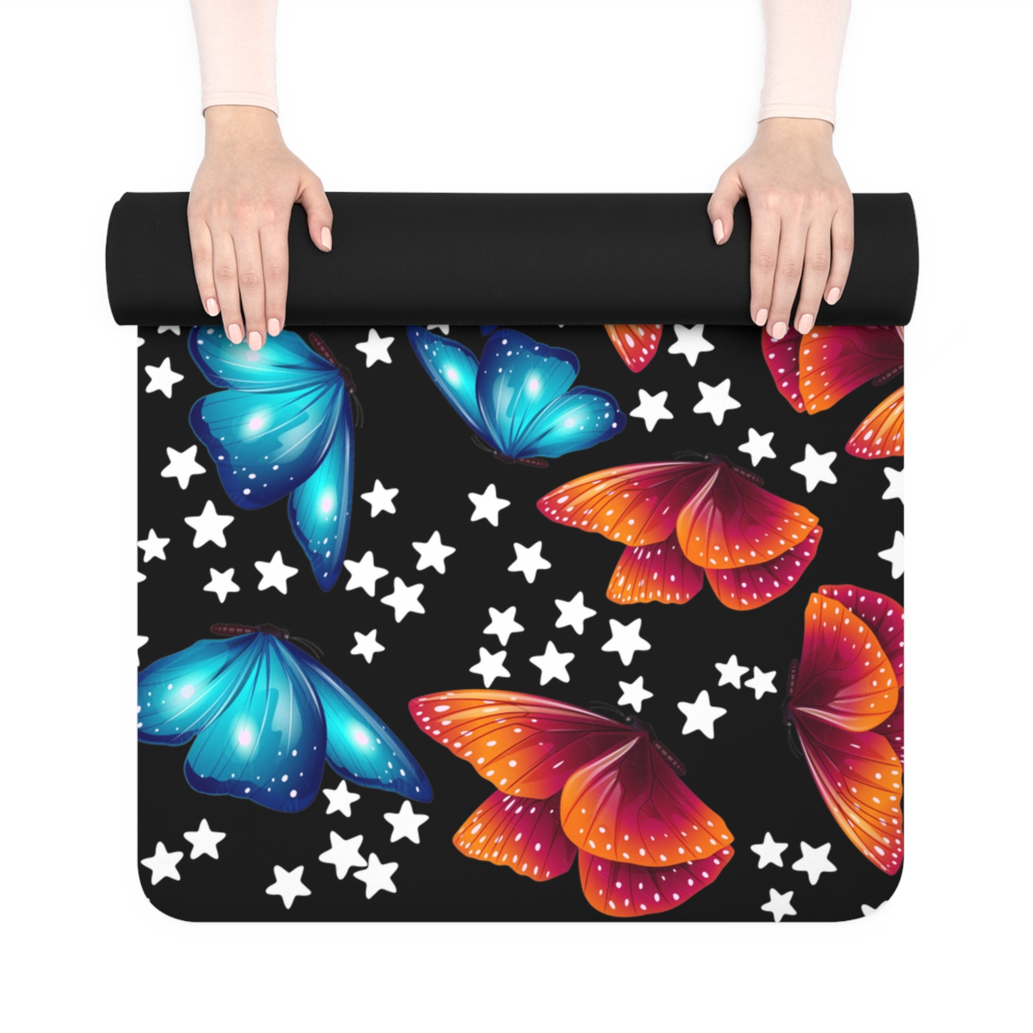 Rubber yoga mat butterflies stars black