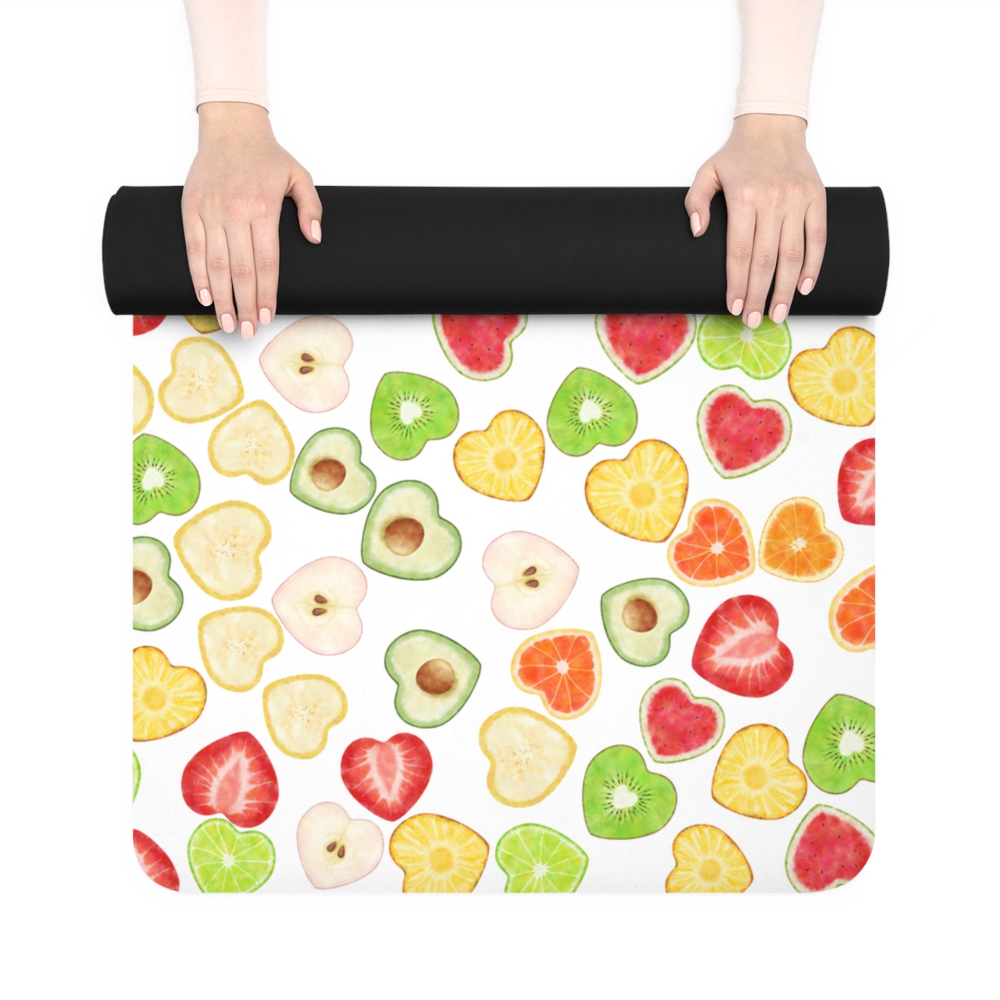 Rubber yoga mat heart fruits white