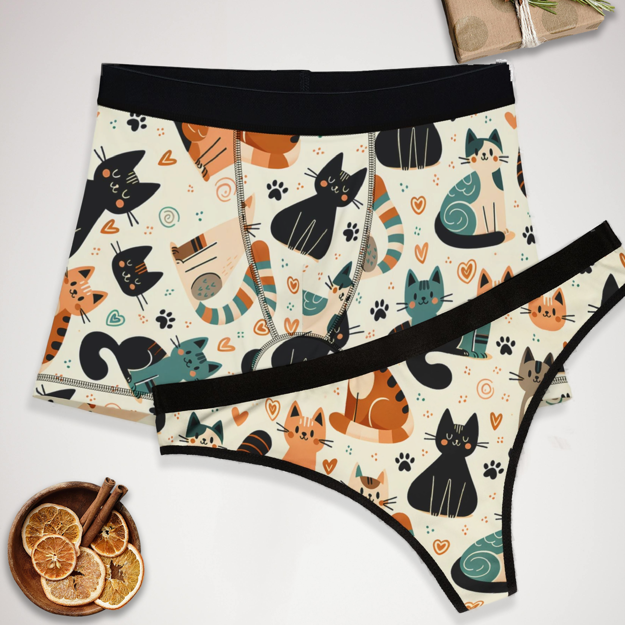 Matching underwear Cute Cats Doodle for couples boxer & thong set