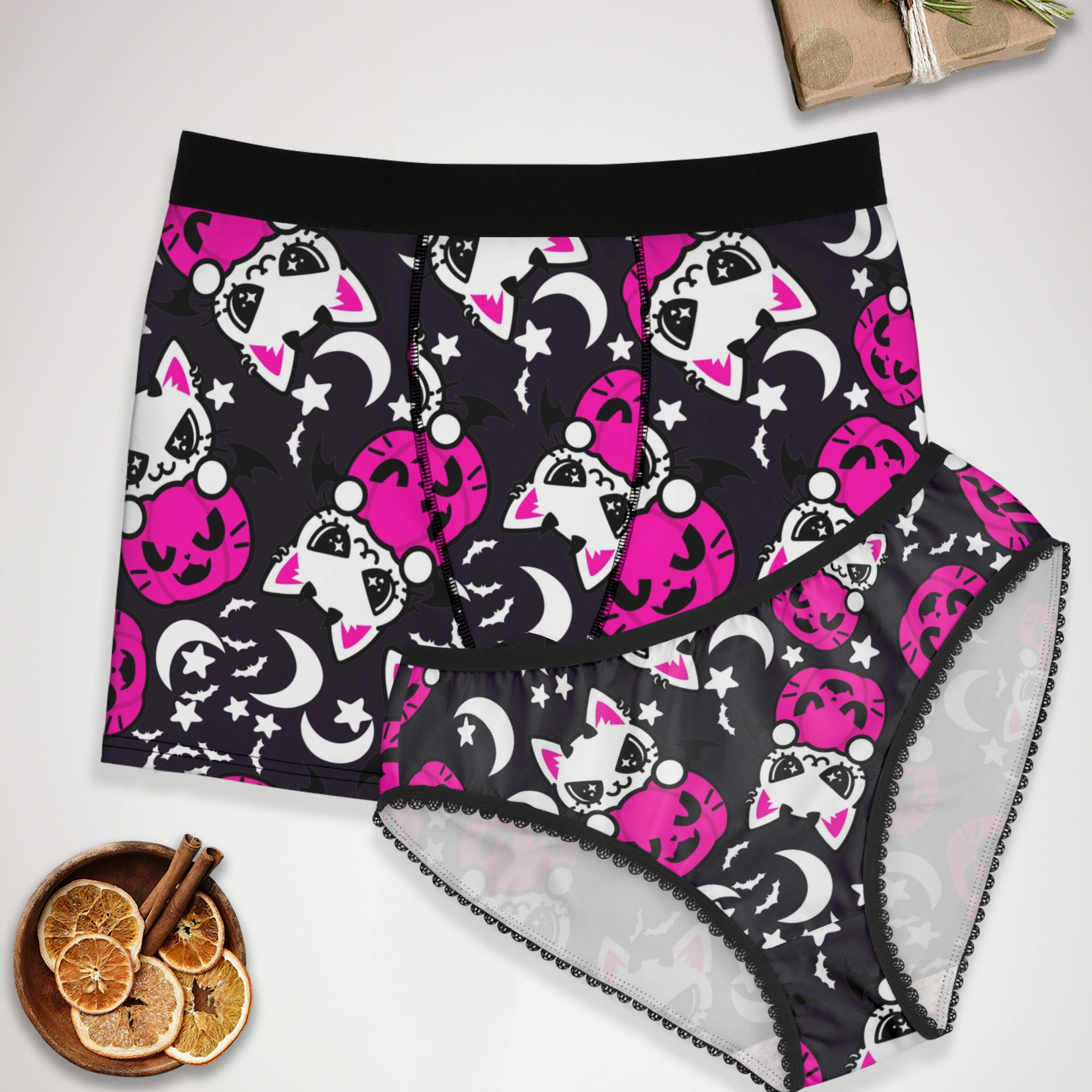 Couples matching cat kitty bumpkin halloween underwear set boxer & briefs