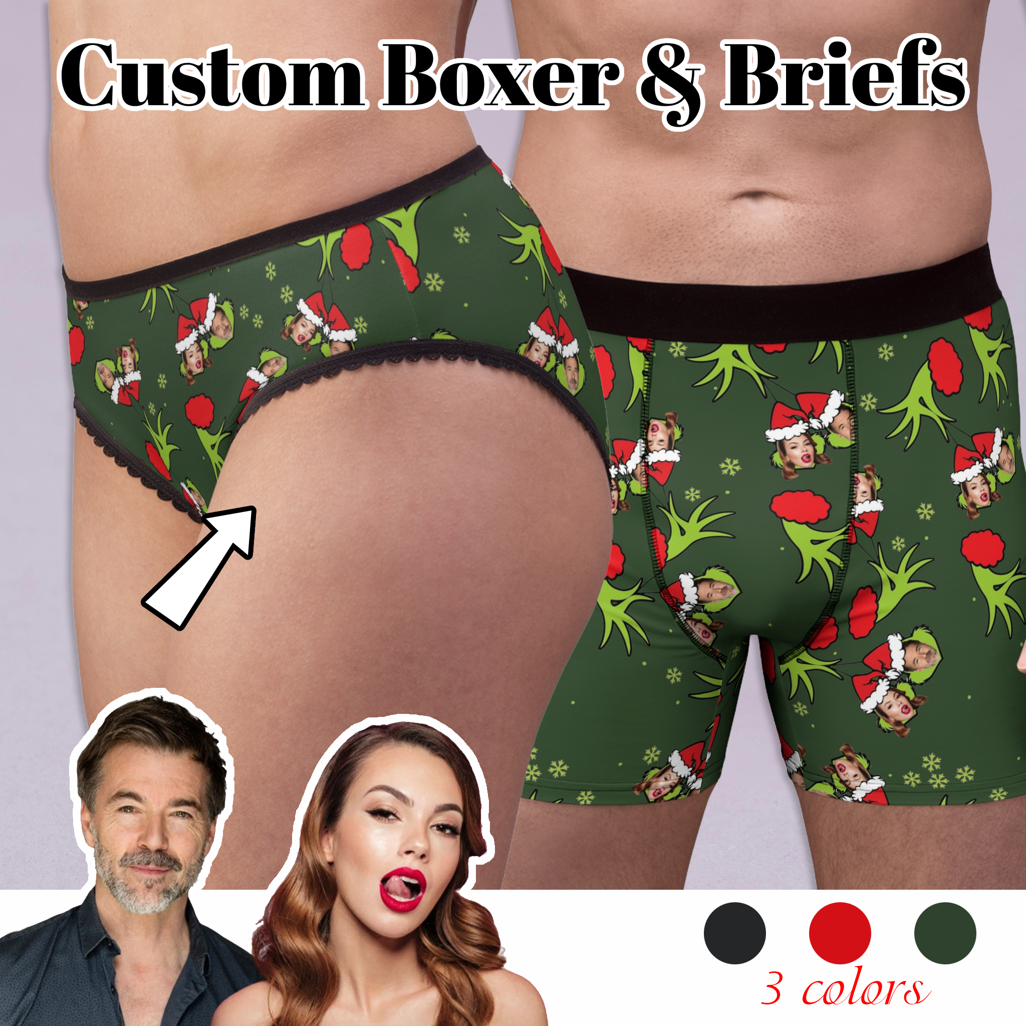 Custom matching underwear for couples grinch Christmas faces love set boxer & briefs