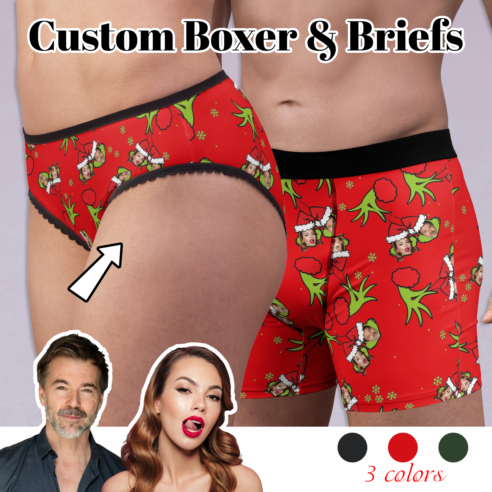 Custom matching underwear for couples grinch Christmas faces love set boxer & briefs