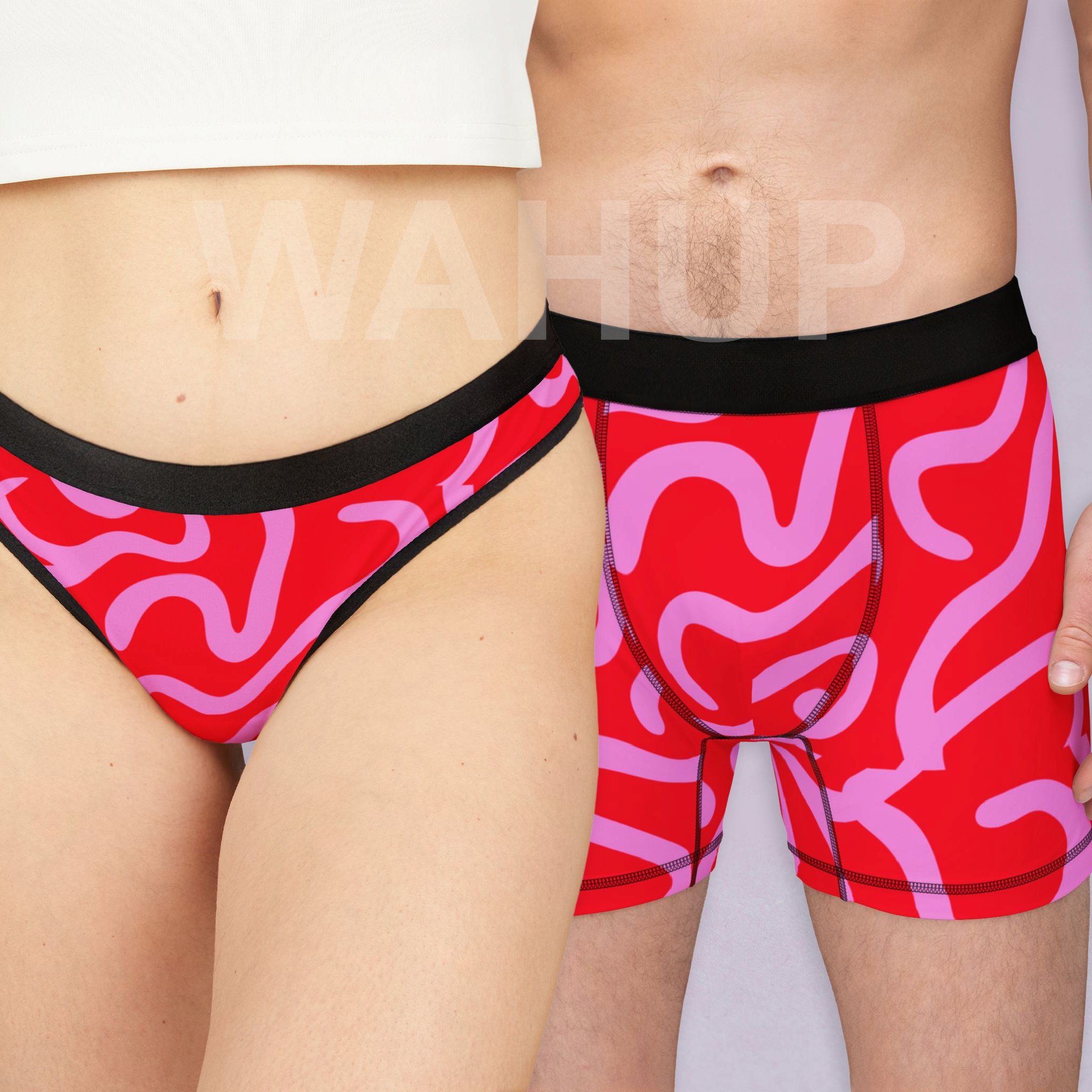 Matching underwear Red Swirl With Cursive for couples boxer & thong set