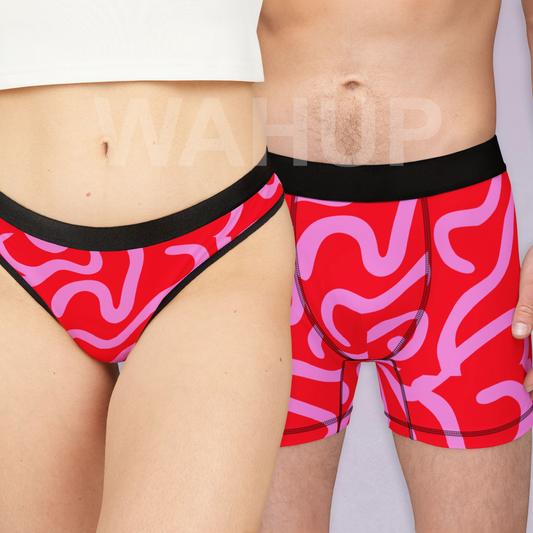 Matching underwear Red Swirl With Cursive for couples boxer & thong set