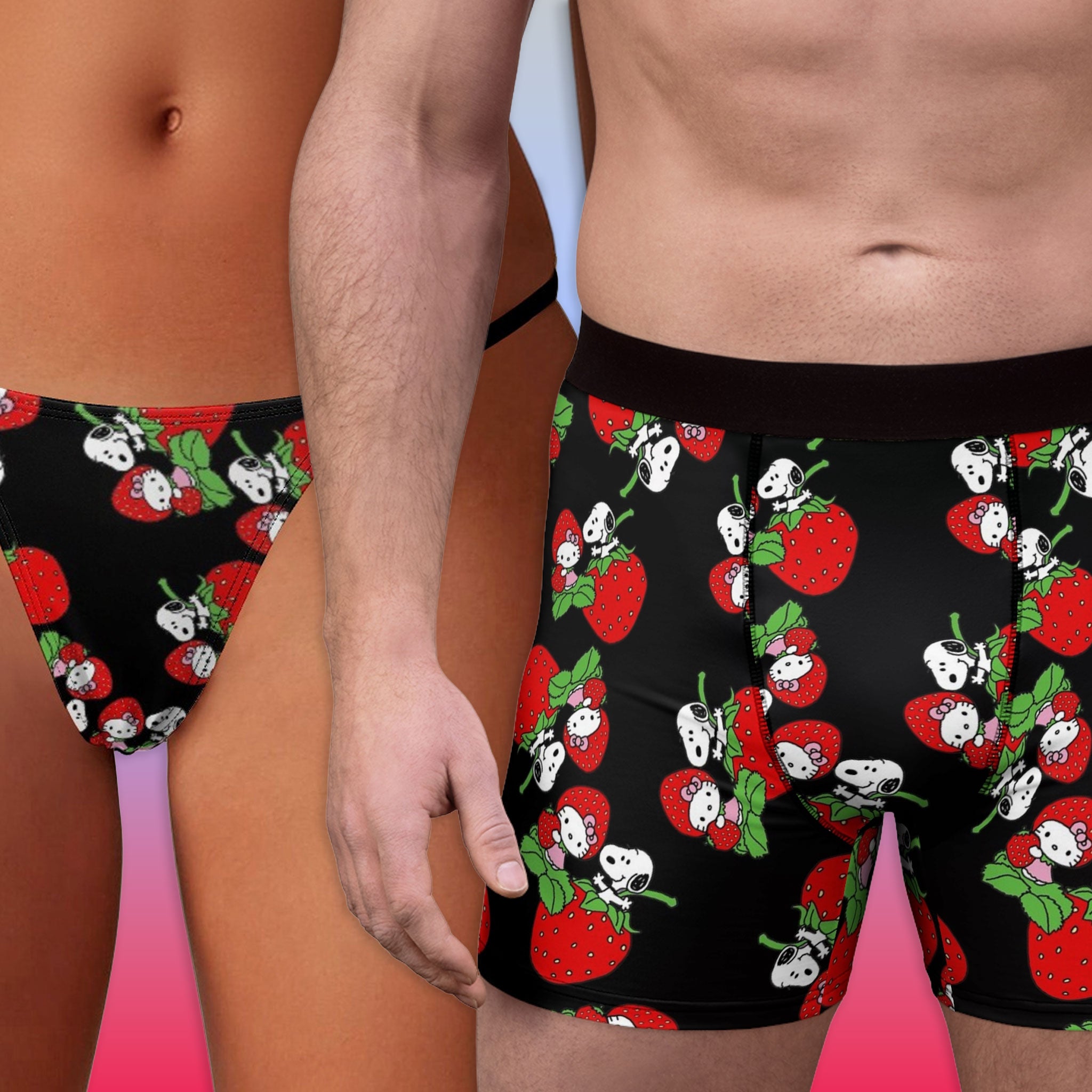 Couples matching kitty snoopy strawberry valentine underwear, boxer & thin thong