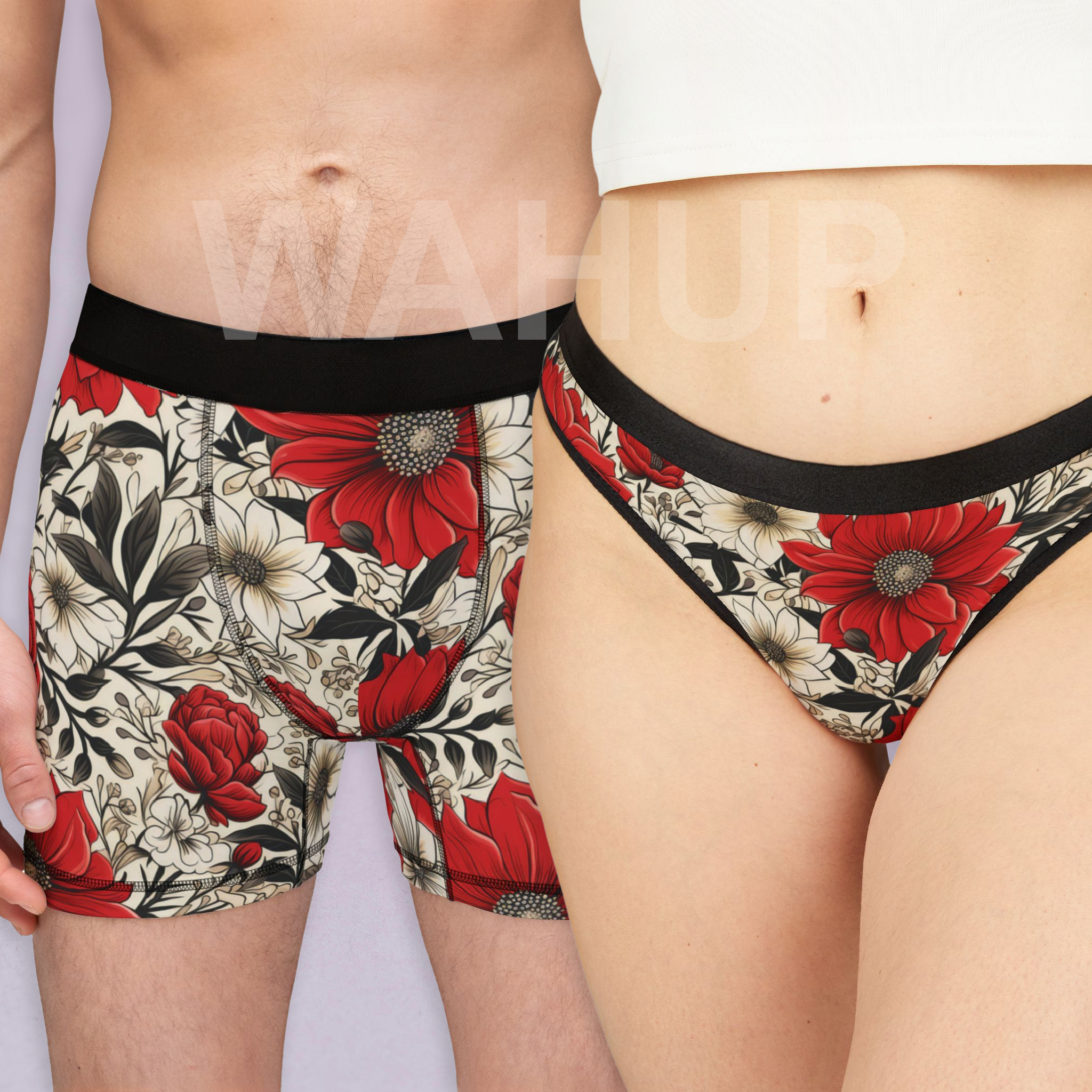 Matching underwear Cute Red Flowers for couples boxer & thong set