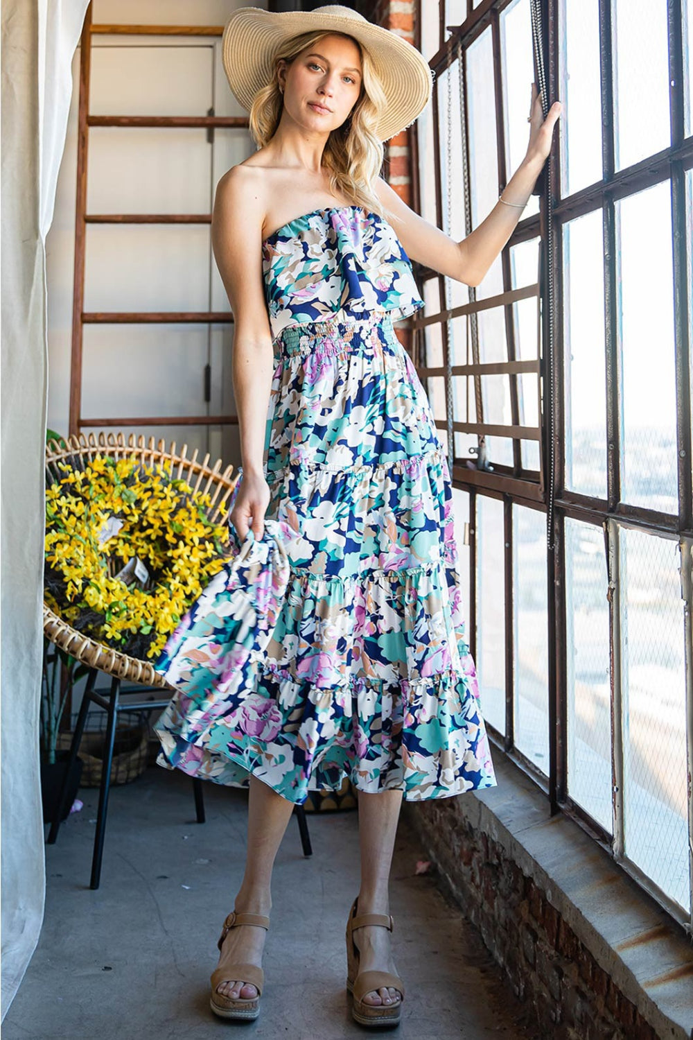 Summer Soiree Staple: Cotton Bleu Ruffled Floral Midi Dress for Women - Perfect for Beach Weddings and Party Attendees
