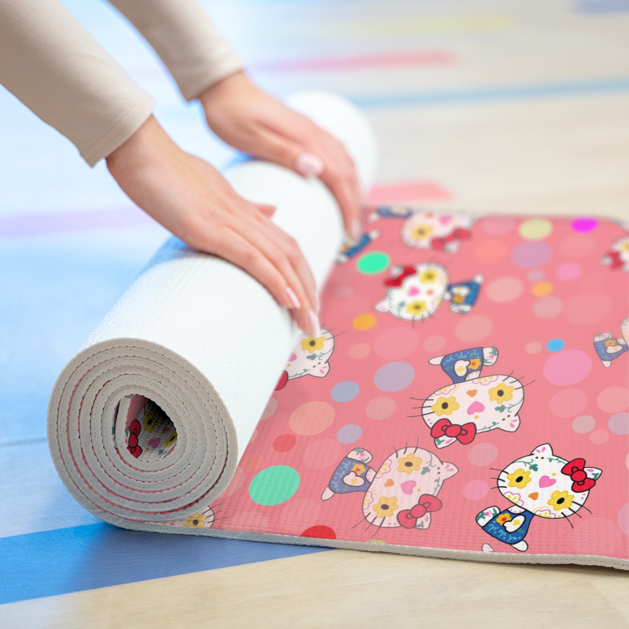 Foam yoga mat kitty flower polka dots pink