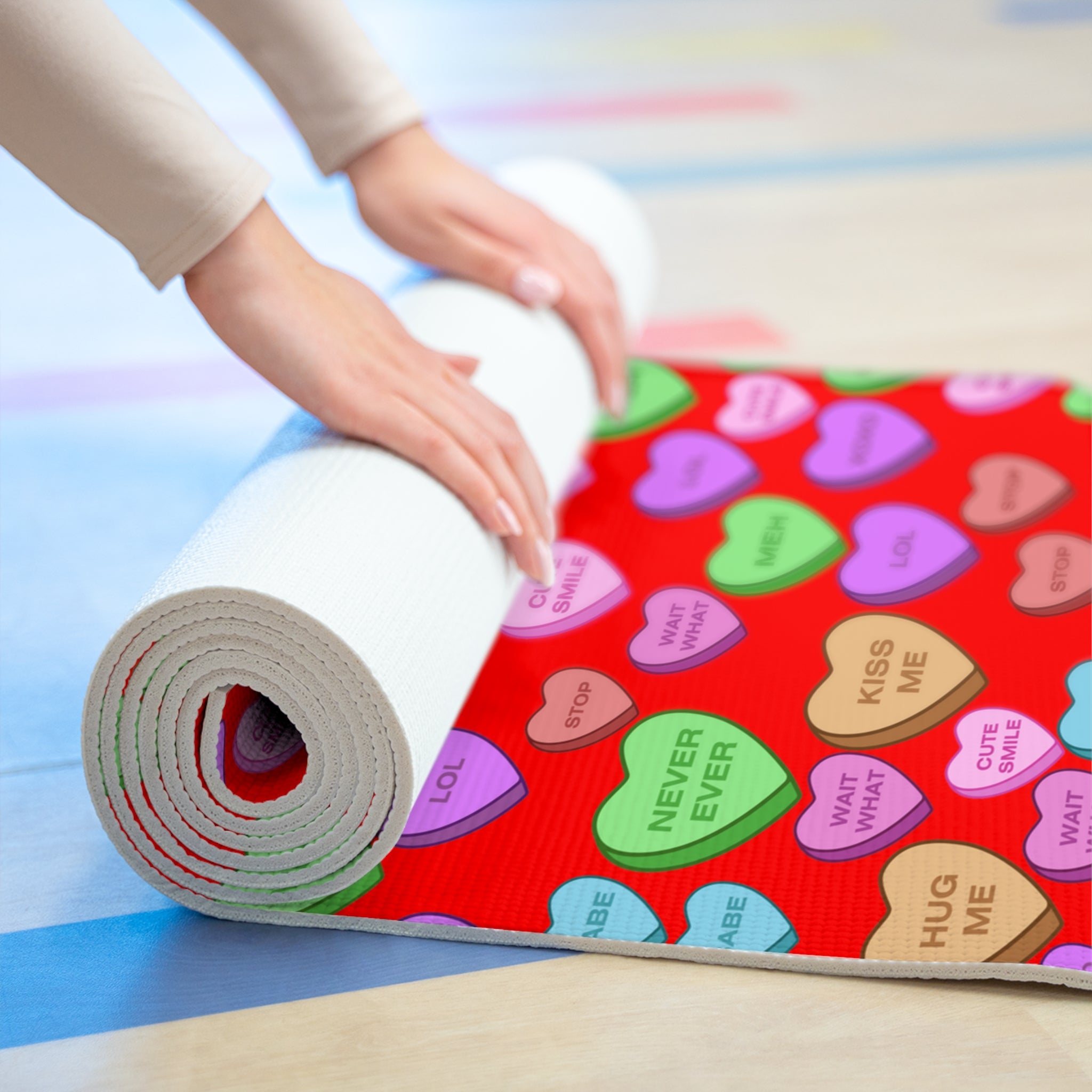 Foam yoga mat candy heart sweet valentine message red