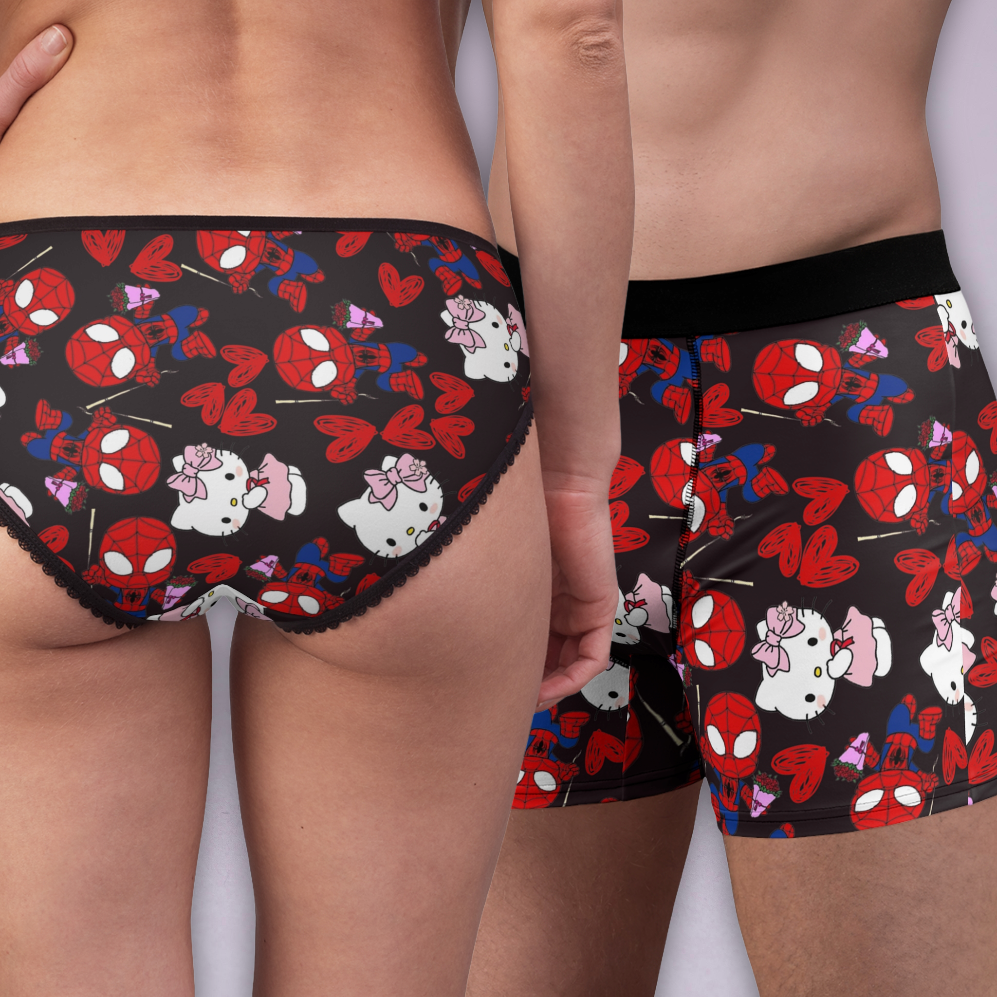 Couples matching spider kitty flower underwear set boxer & briefs