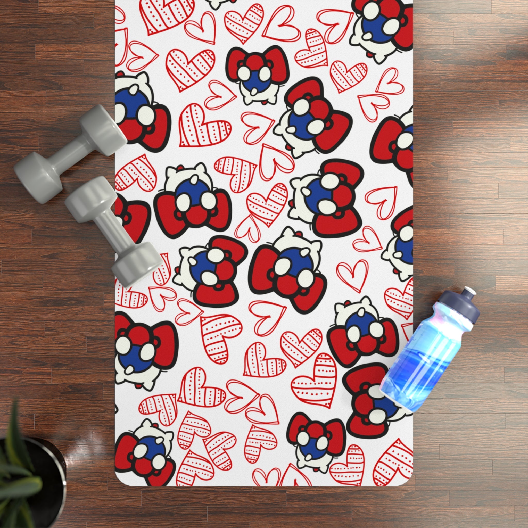 Rubber yoga mat cherry kitty back heart white