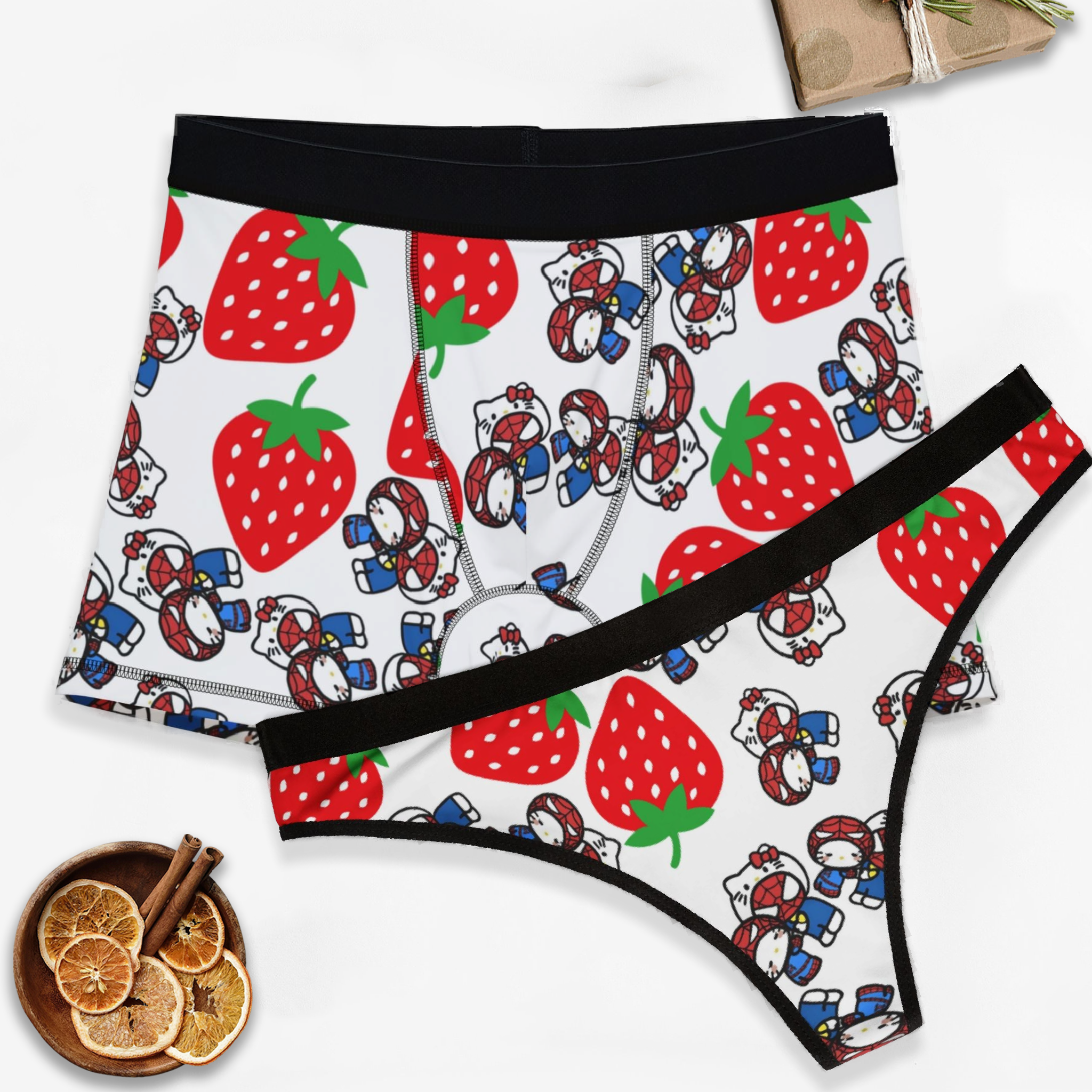 Couples matching  spider kitty strawberry white character underwear set boxer and thong