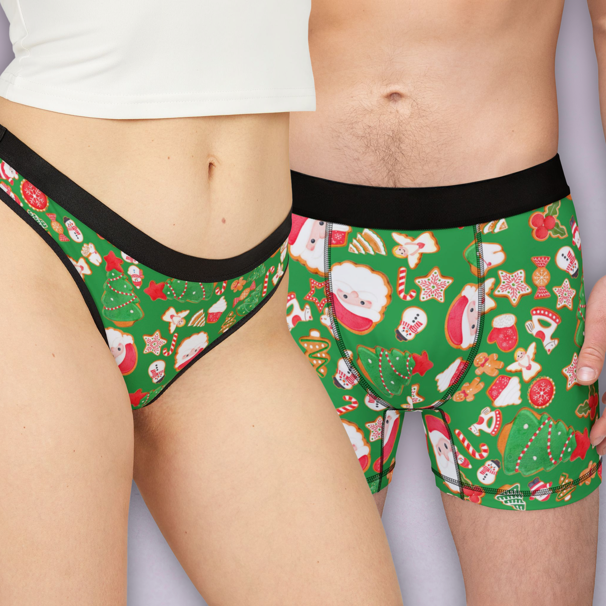 Couples matching  christmas xmas and santa claus cookies character underwear set boxer and thong