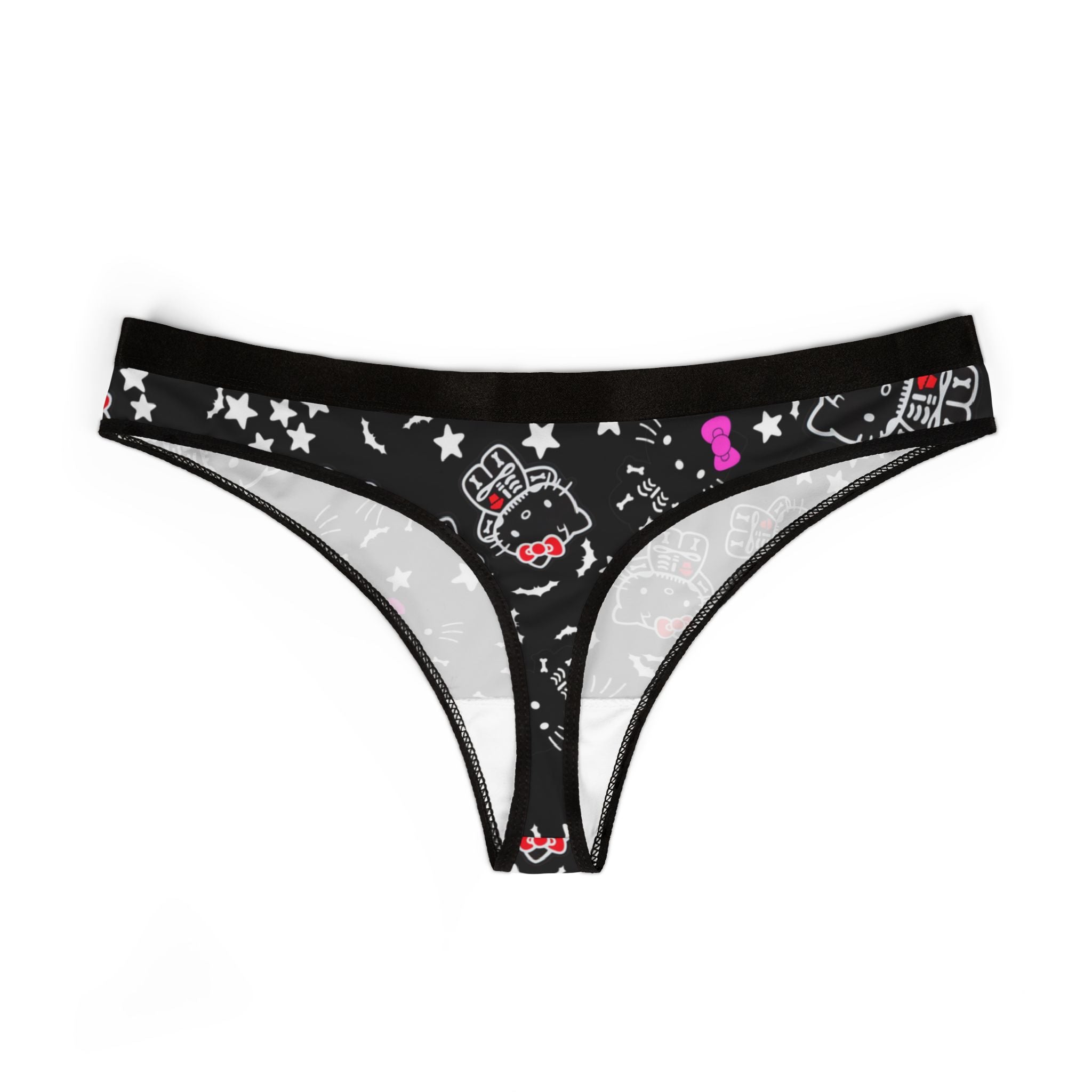 Women's thongs kitty halloween bones black