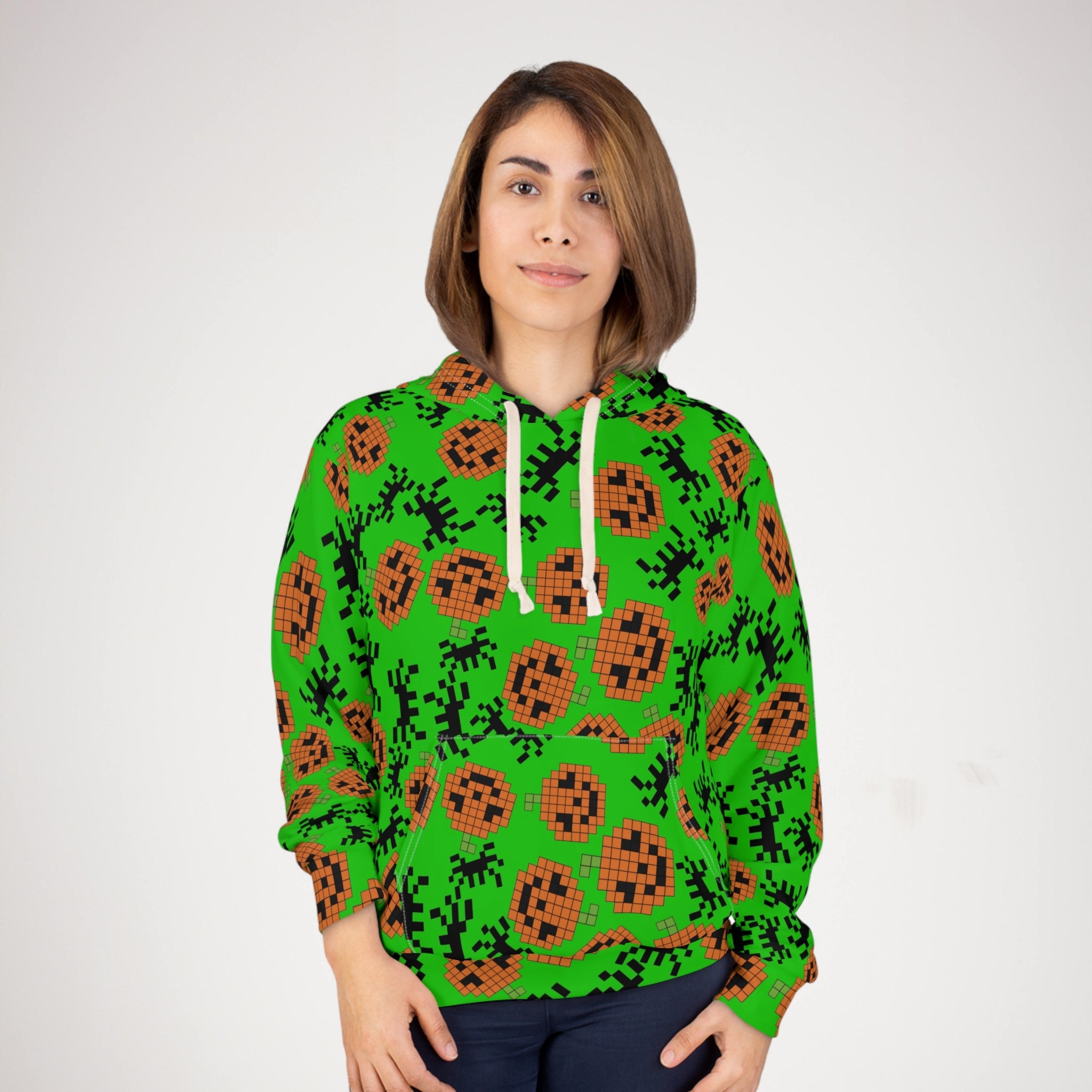 Unisex pullover hoodie pumpkin spider pixel halloween green