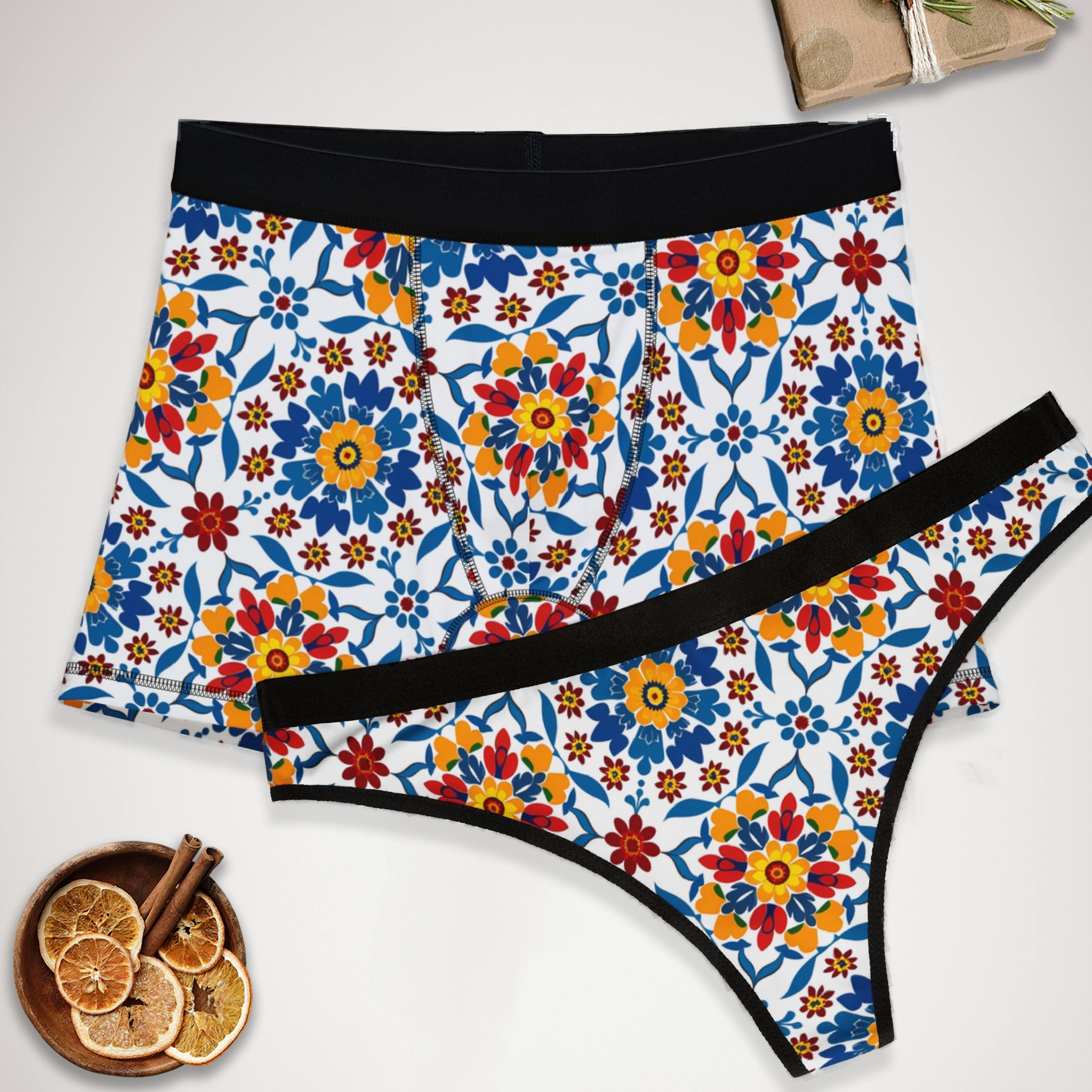 Matching underwear Mexican Flower for couples boxer & thong set