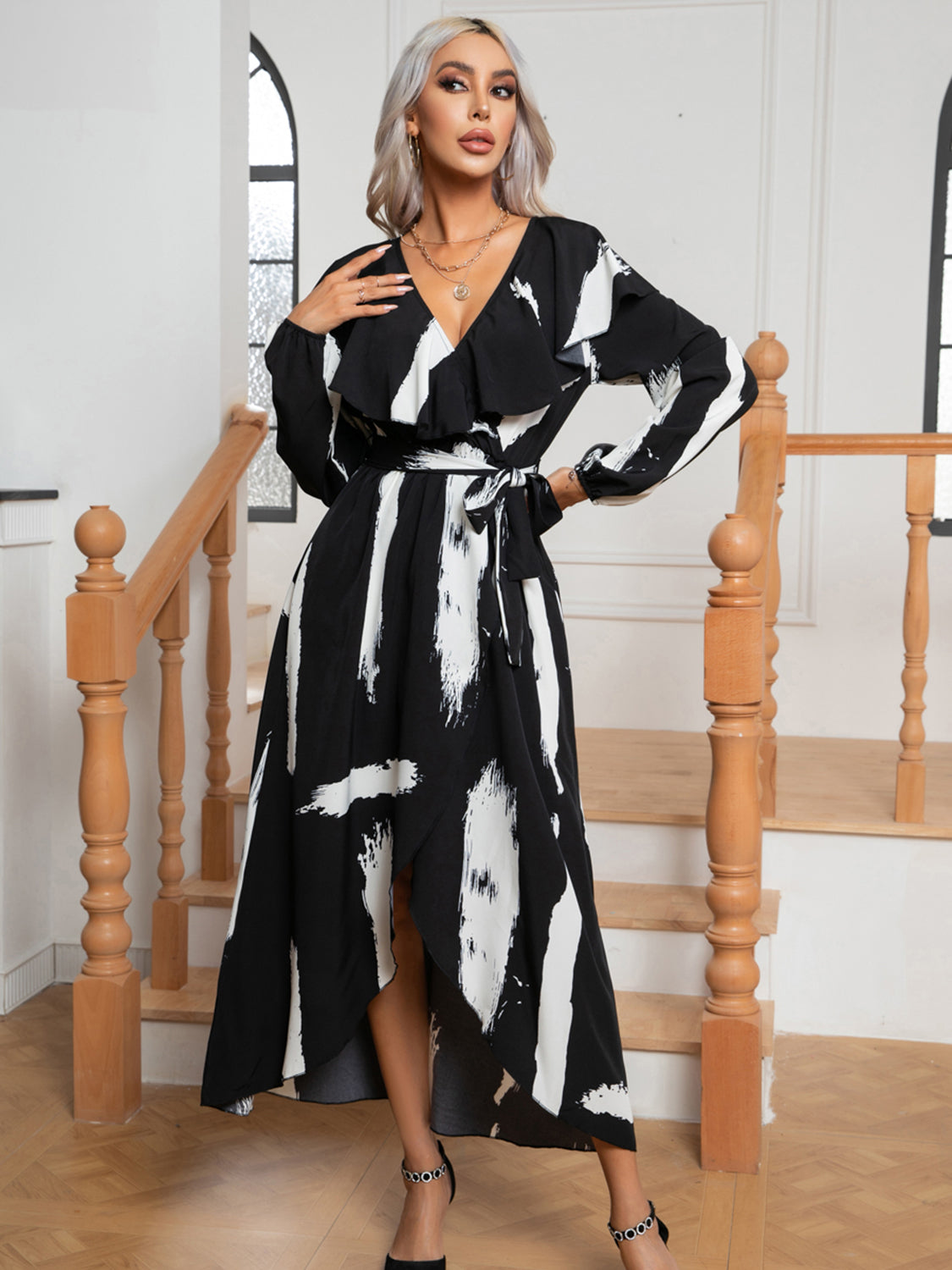 Summer Beach Wedding Guest Dress for Women Over 50, Printed Tie Front Ruffle Trim Long Sleeve Party Dress
