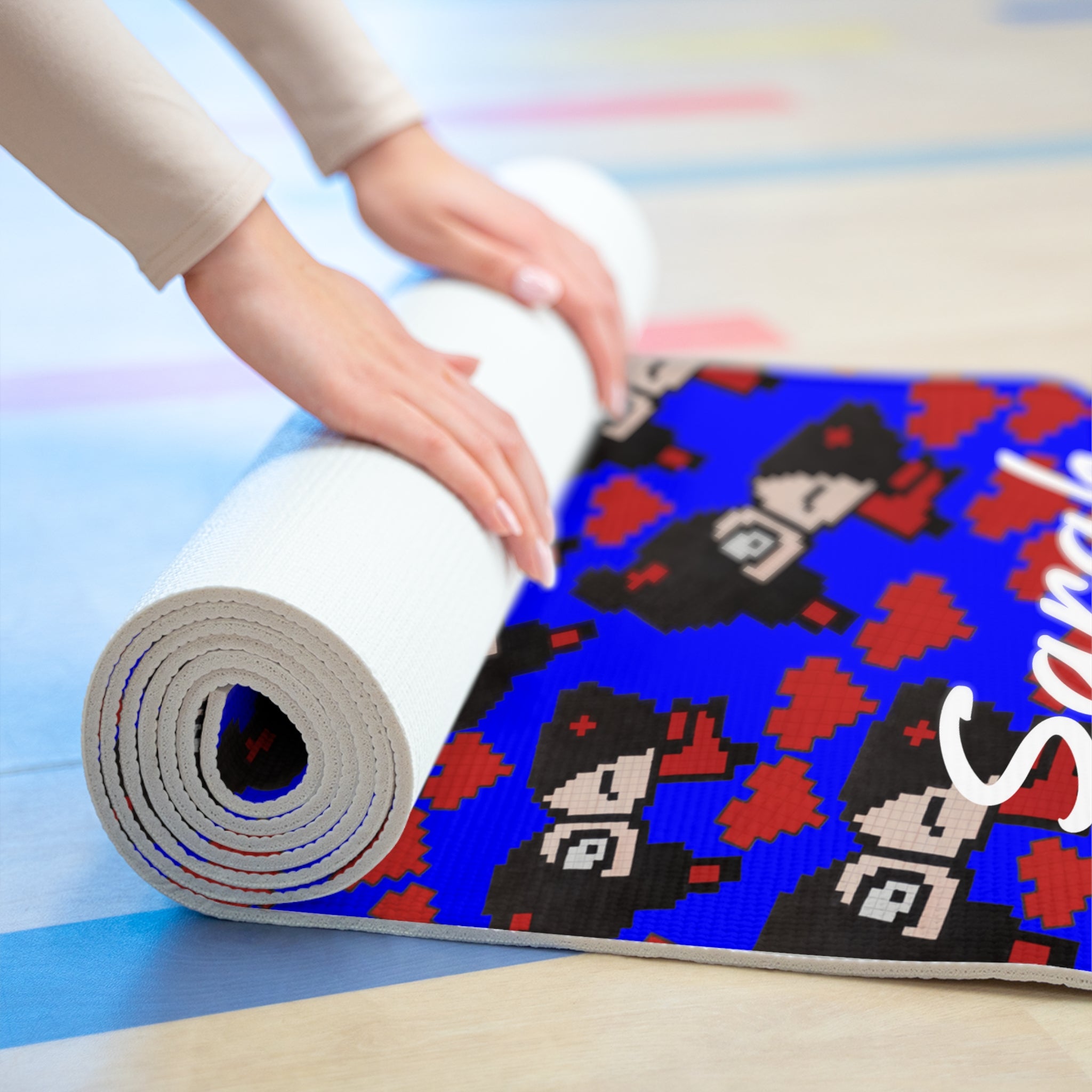 Custom name foam yoga mat pixel pucca kiss heart blue