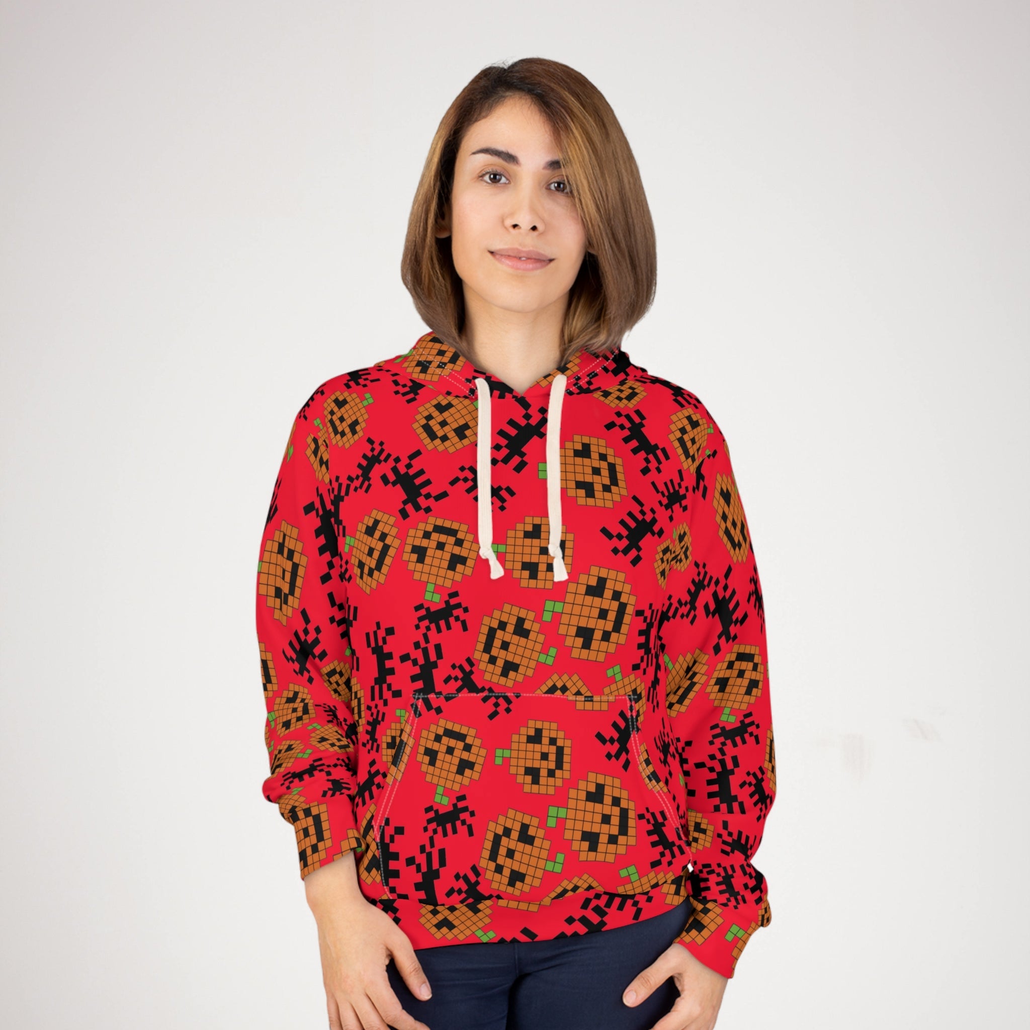 Unisex pullover hoodie pumpkin spider pixel halloween red