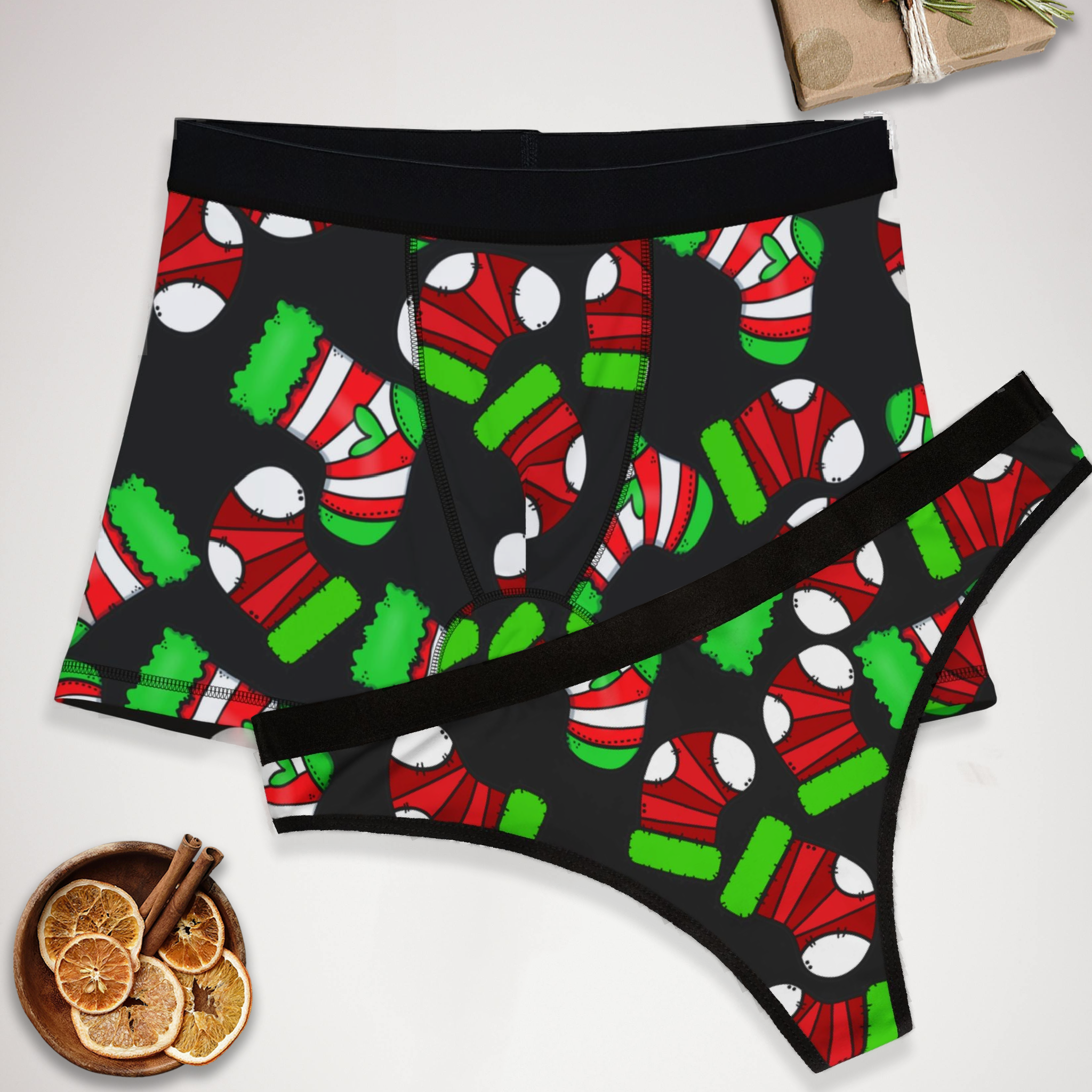 Couples matching  socks noel christmas underwear set boxer and thong