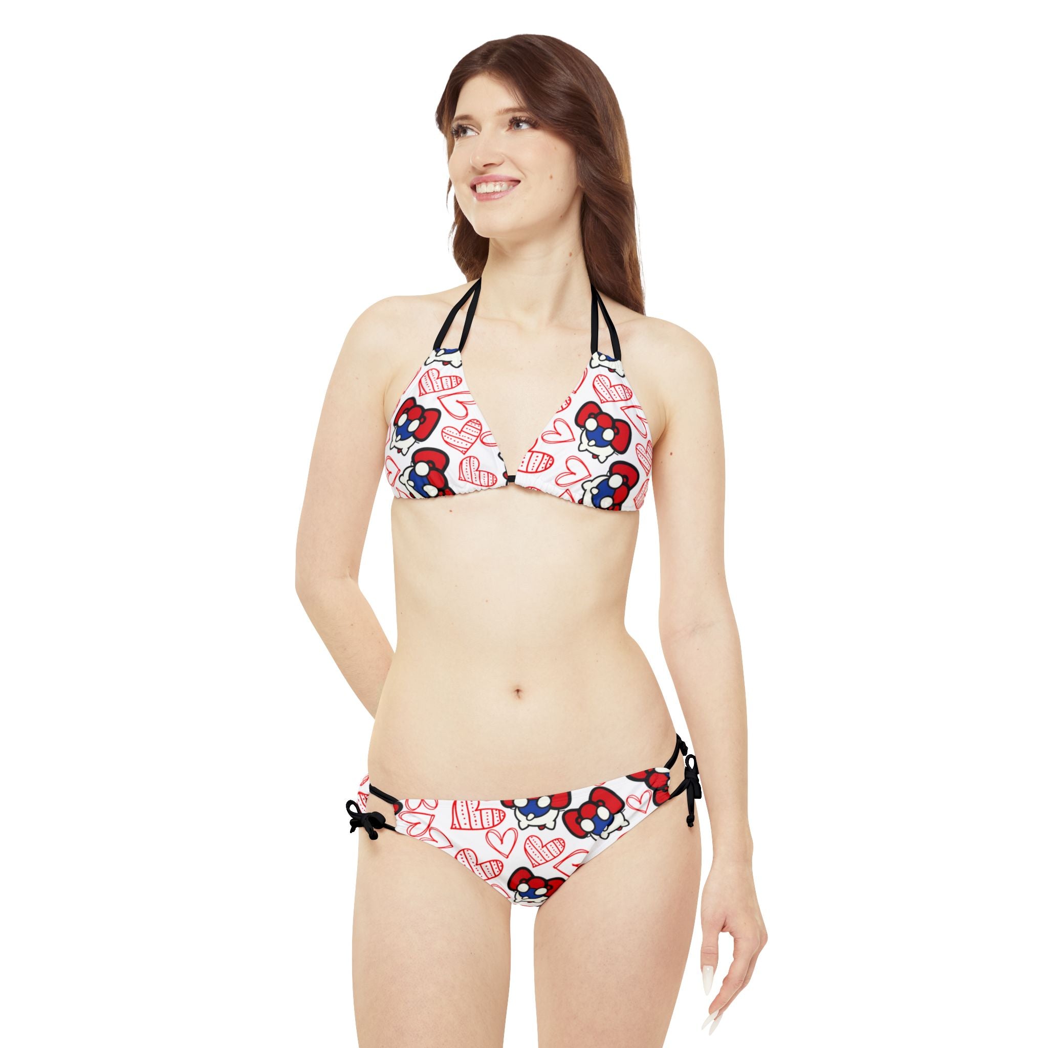 Strappy bikini set cherry kitty back heart white