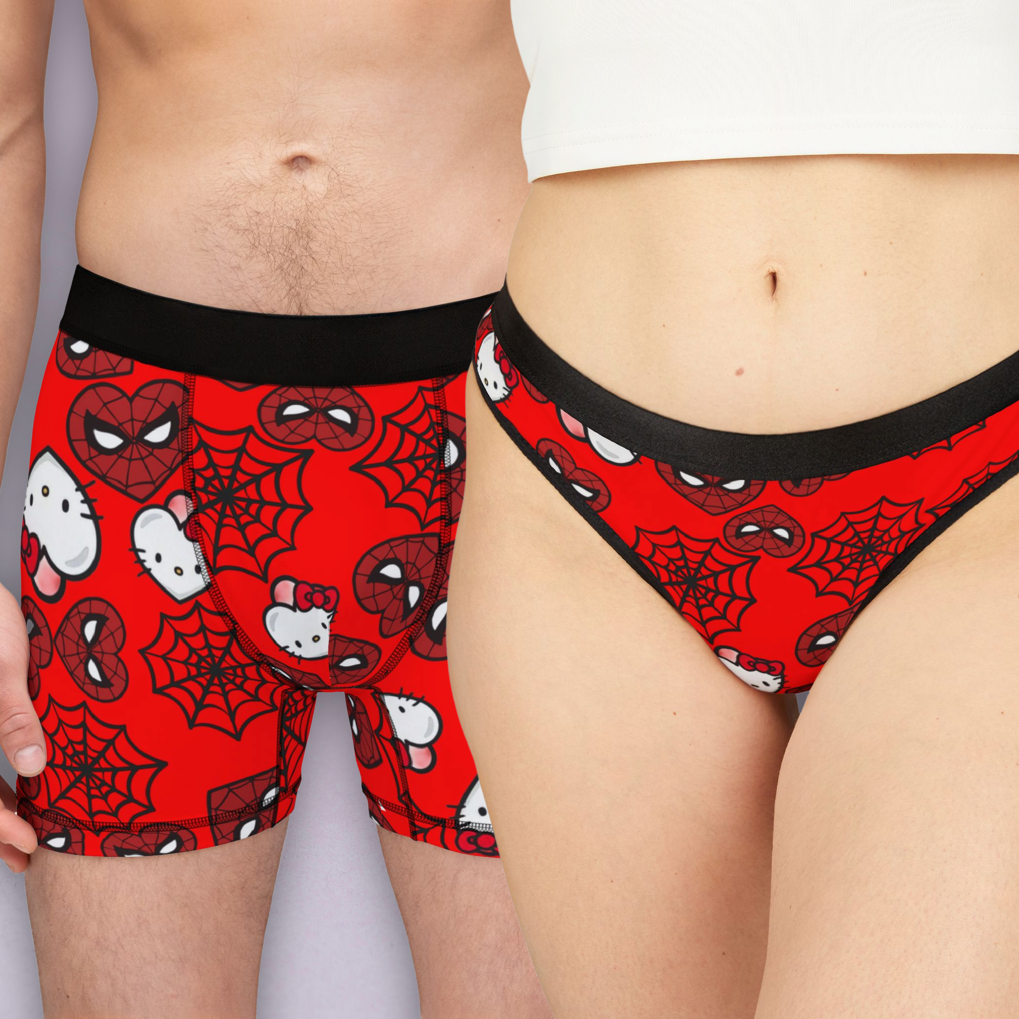 Couples matching  kitty spider web heart character underwear set boxer and thong