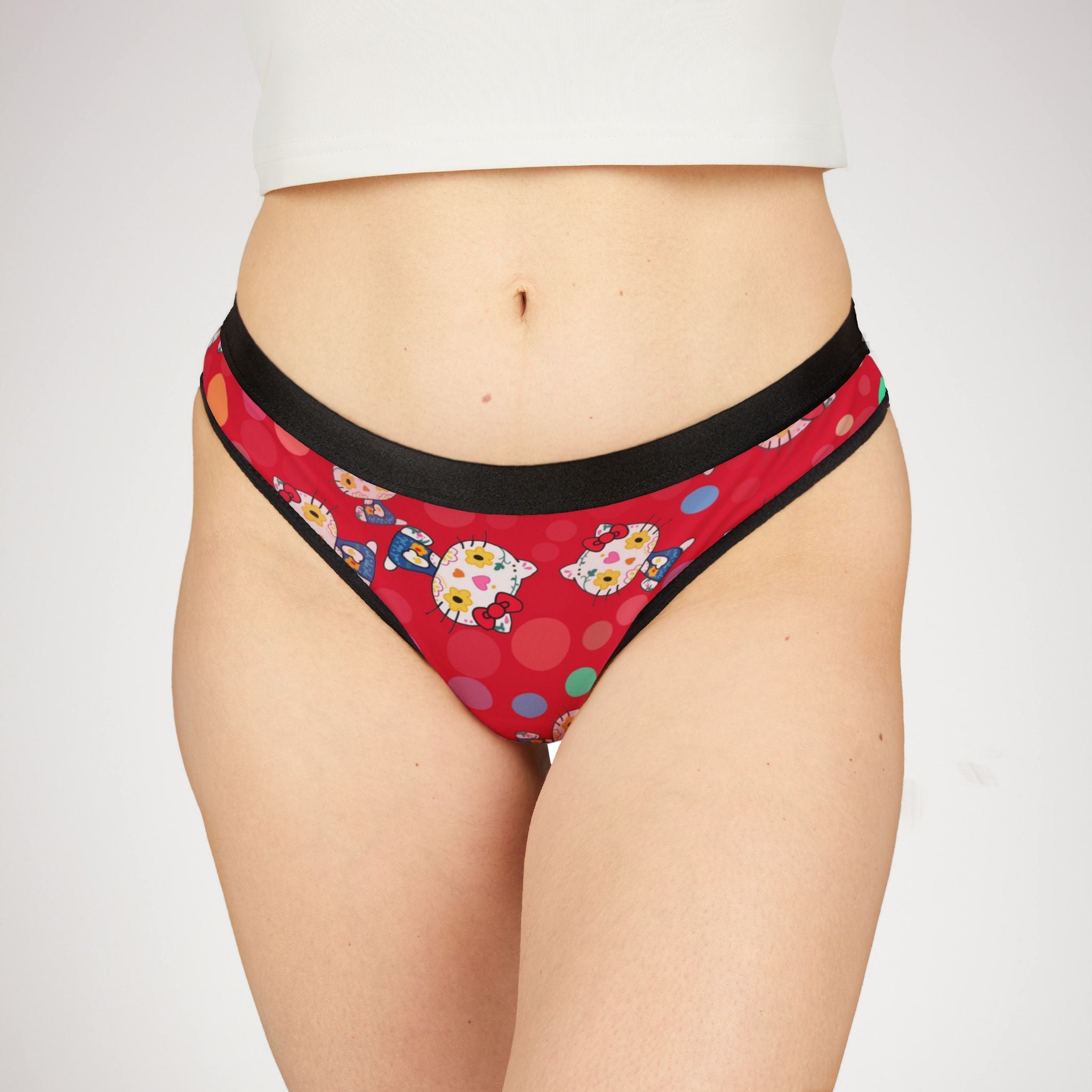 Women's thongs kitty flower polka dots red