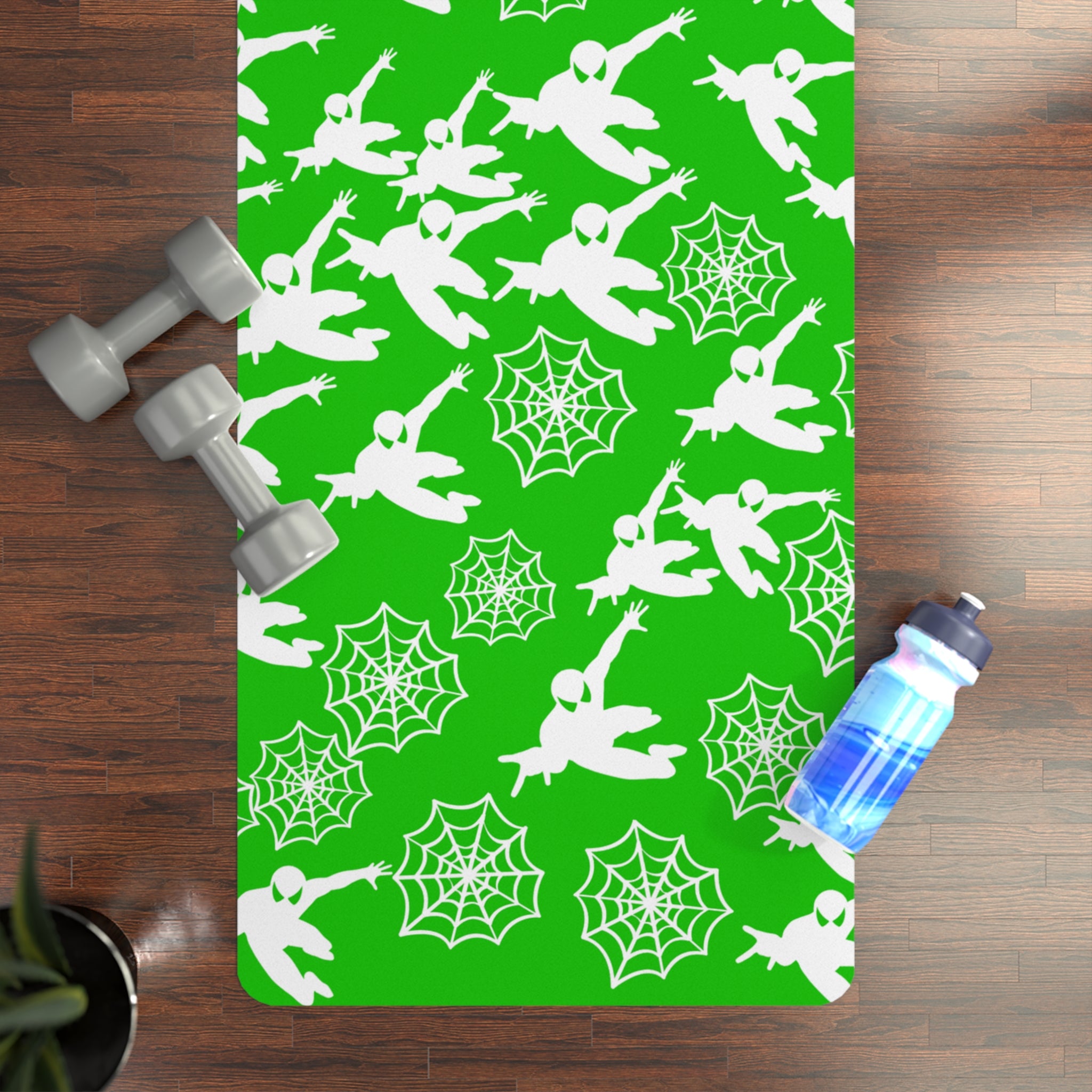 Rubber yoga mat spiderman web plain green