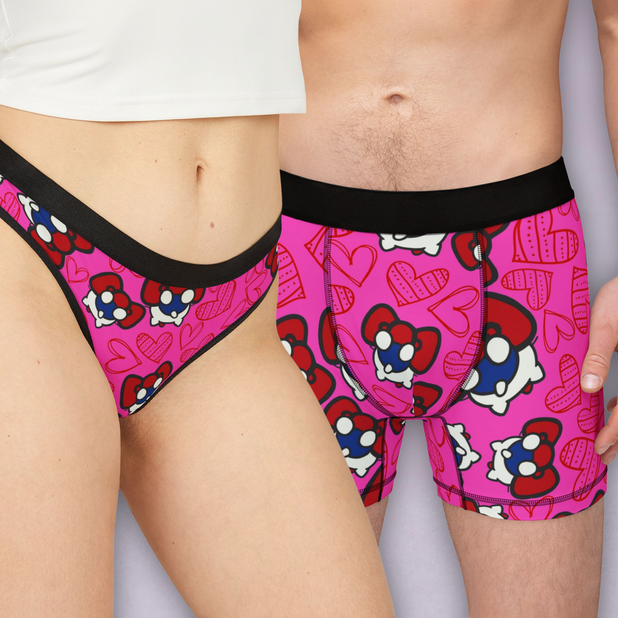 Couples matching  cherry kitty back heart character underwear set boxer and thong