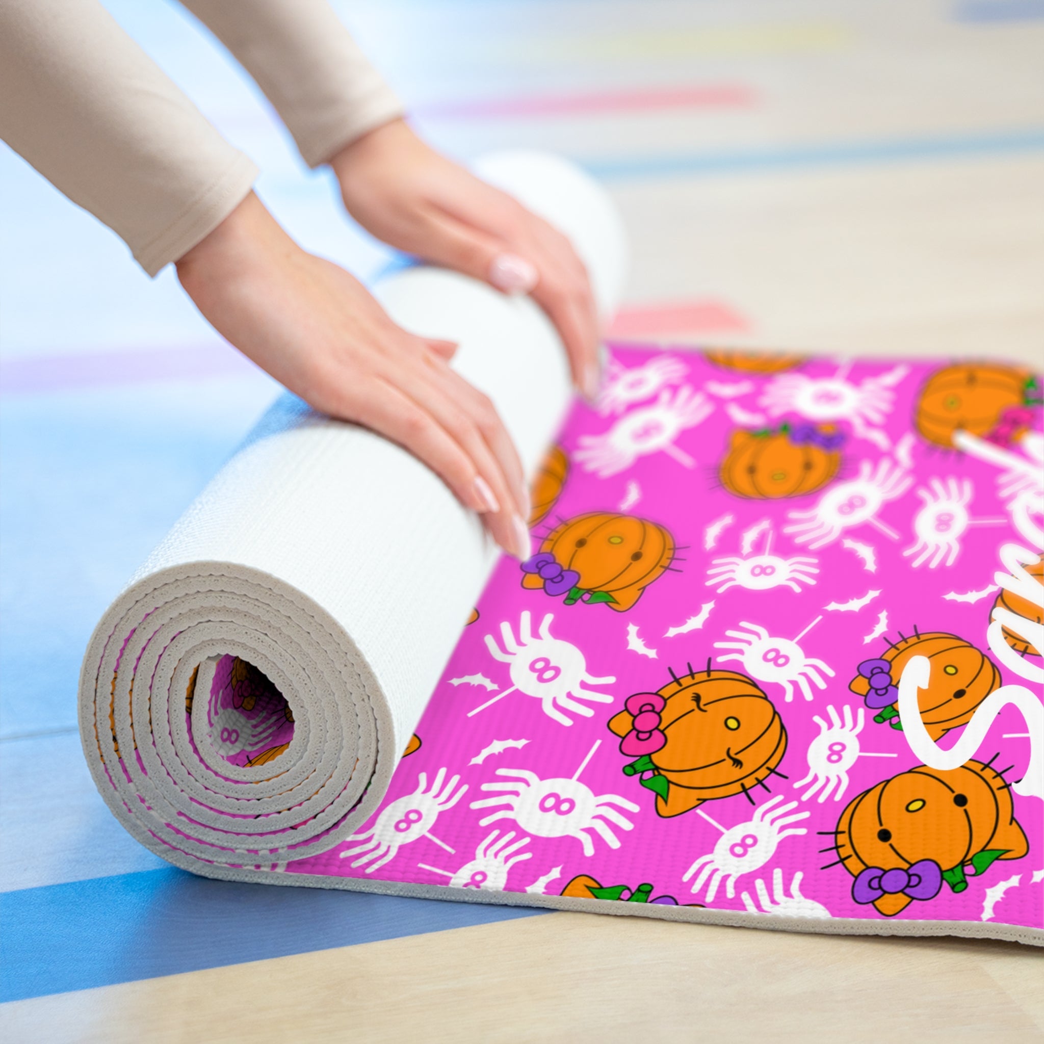 Custom name foam yoga mat double pumpkin kitty halloween pink